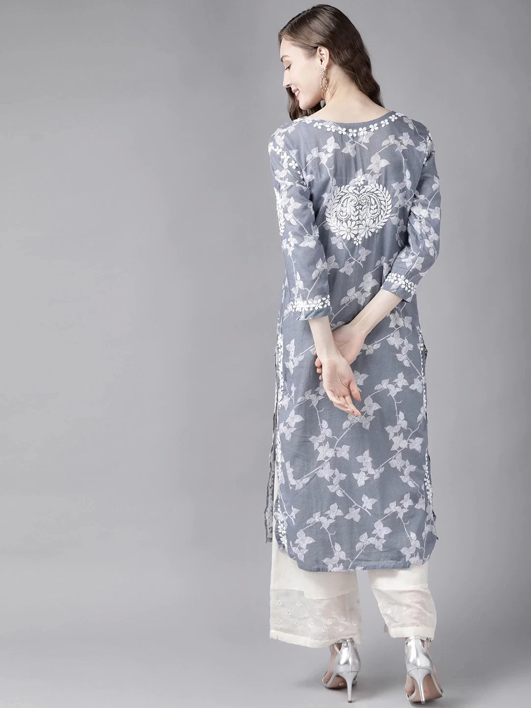 Ada Hand Embroidered Grey Cotton Lucknowi Chikan Kurta A411266