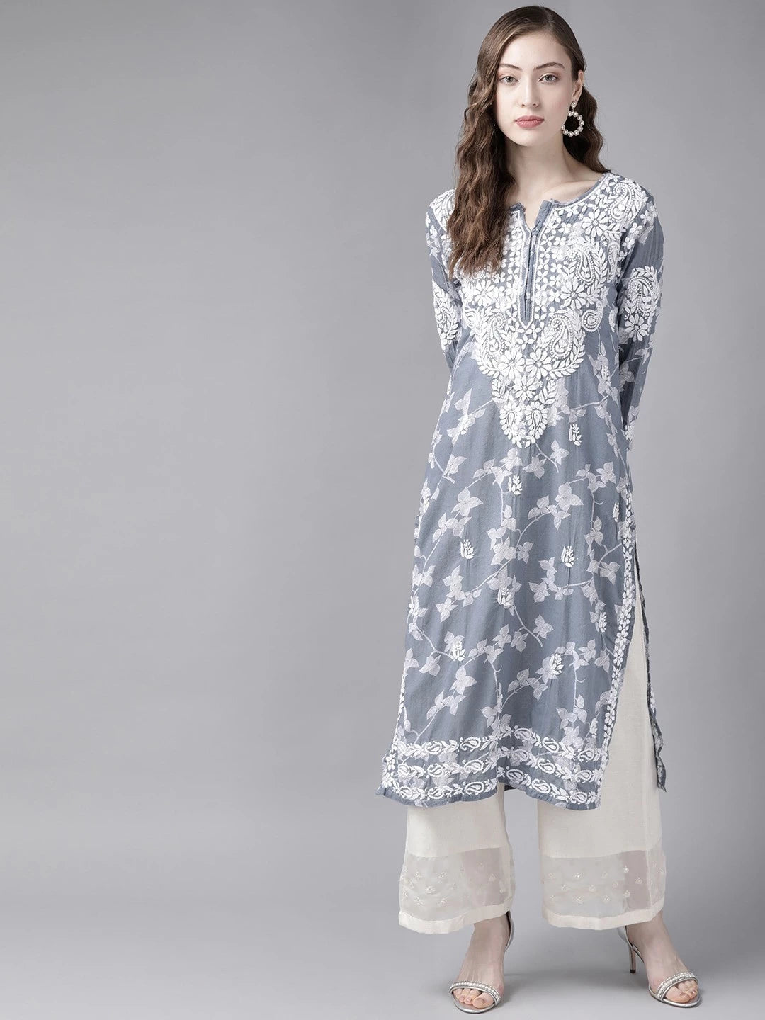 Ada Hand Embroidered Grey Cotton Lucknowi Chikan Kurta A411266
