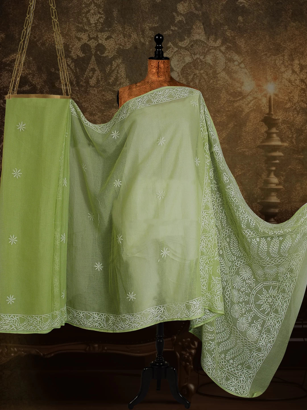 Ada Hand Embroidered Green Kota Cotton Lucknowi Chikankari Saree With Blouse 01A452623