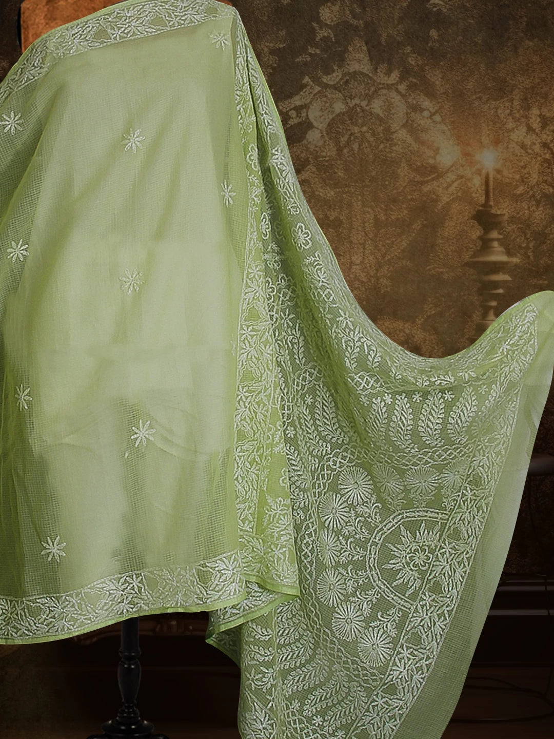 Ada Hand Embroidered Green Kota Cotton Lucknowi Chikankari Saree With Blouse 01A452623