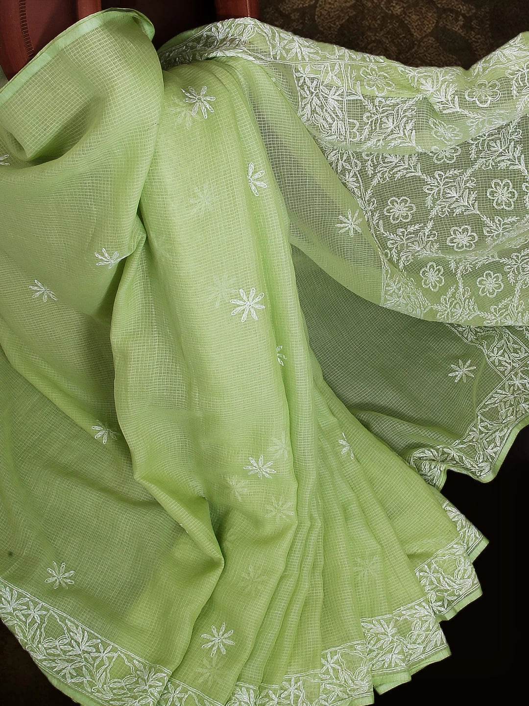 Ada Hand Embroidered Green Kota Cotton Lucknowi Chikankari Saree With Blouse 01A452623
