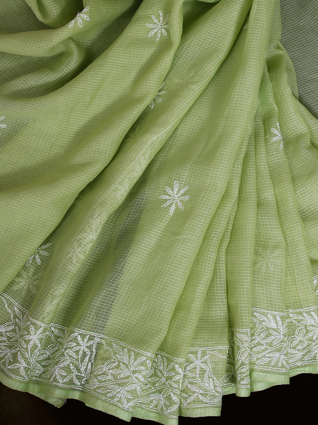 Ada Hand Embroidered Green Kota Cotton Lucknowi Chikankari Saree With Blouse 01A452623
