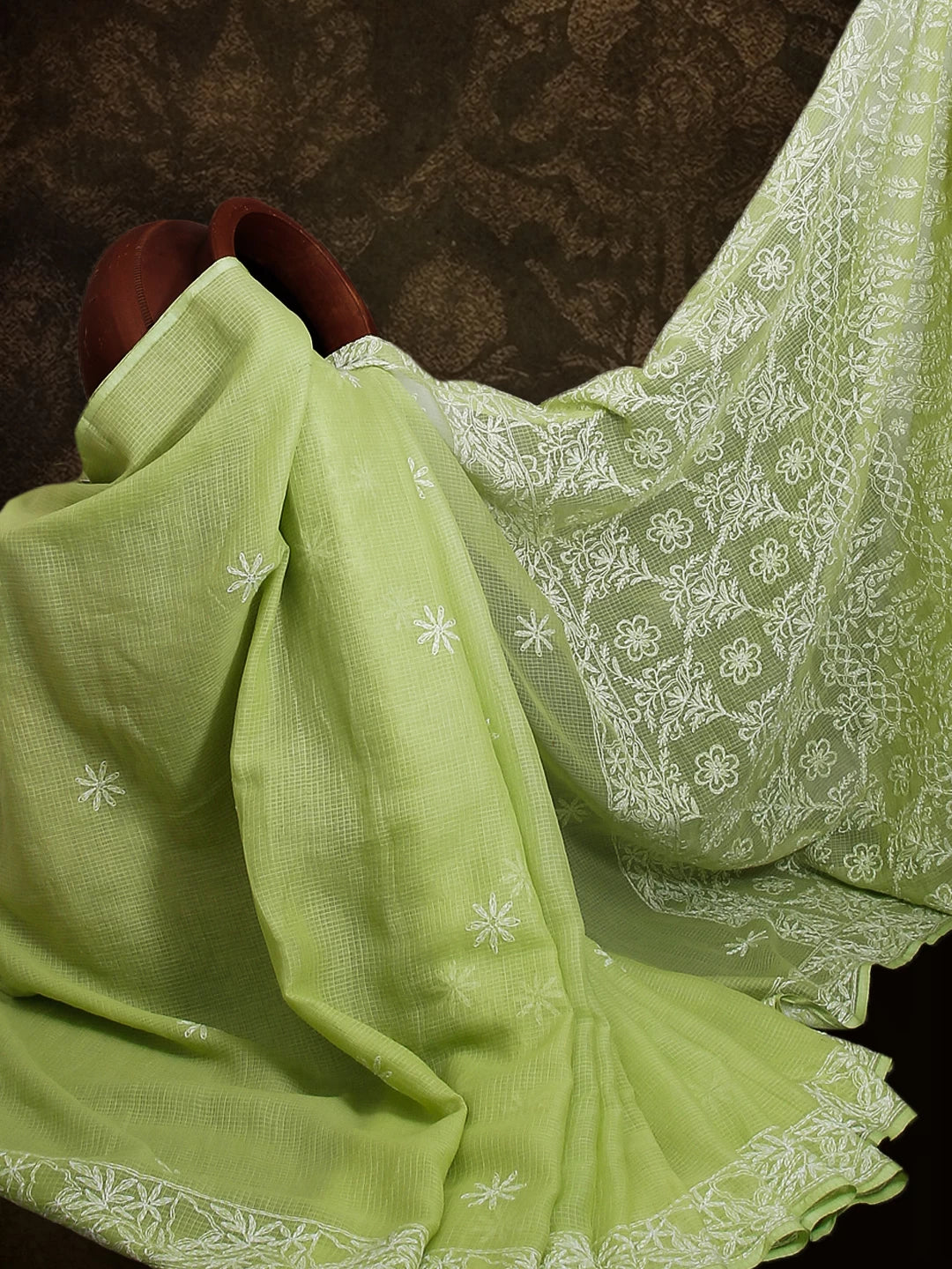 Ada Hand Embroidered Green Kota Cotton Lucknowi Chikankari Saree With Blouse 01A452623