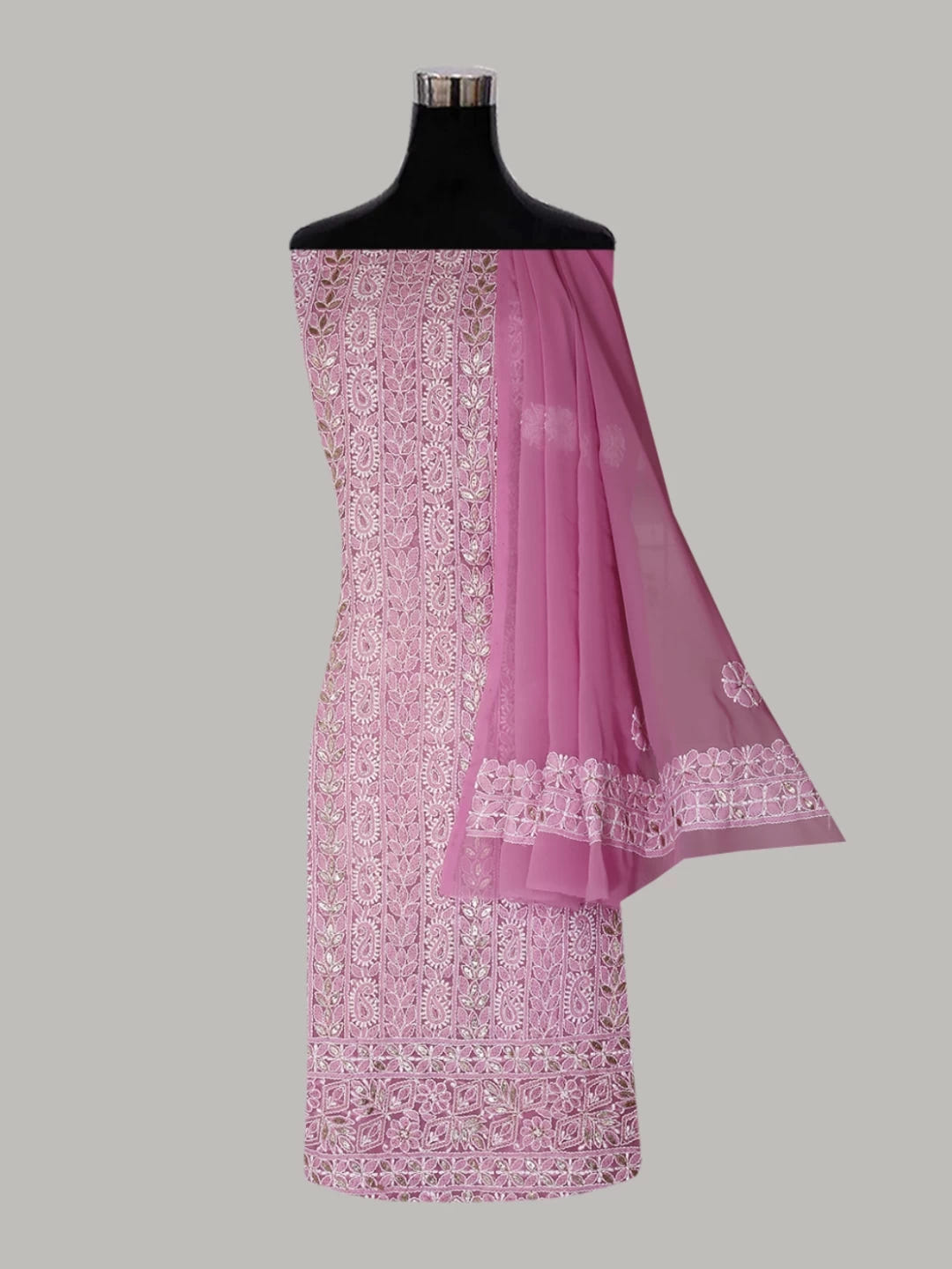 Ada Hand Embroidered Pink Georgette Lucknowi Chikankari Unstitched Suit Piece With Gotapatti 01A364411