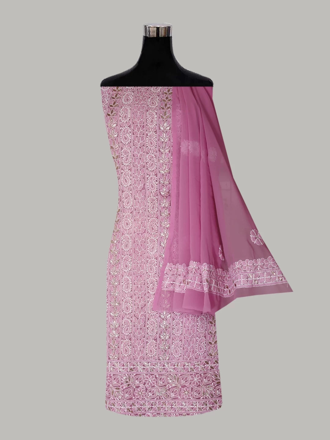 Ada Hand Embroidered Pink Georgette Lucknowi Chikankari Unstitched Suit Piece With Gotapatti 01A364411