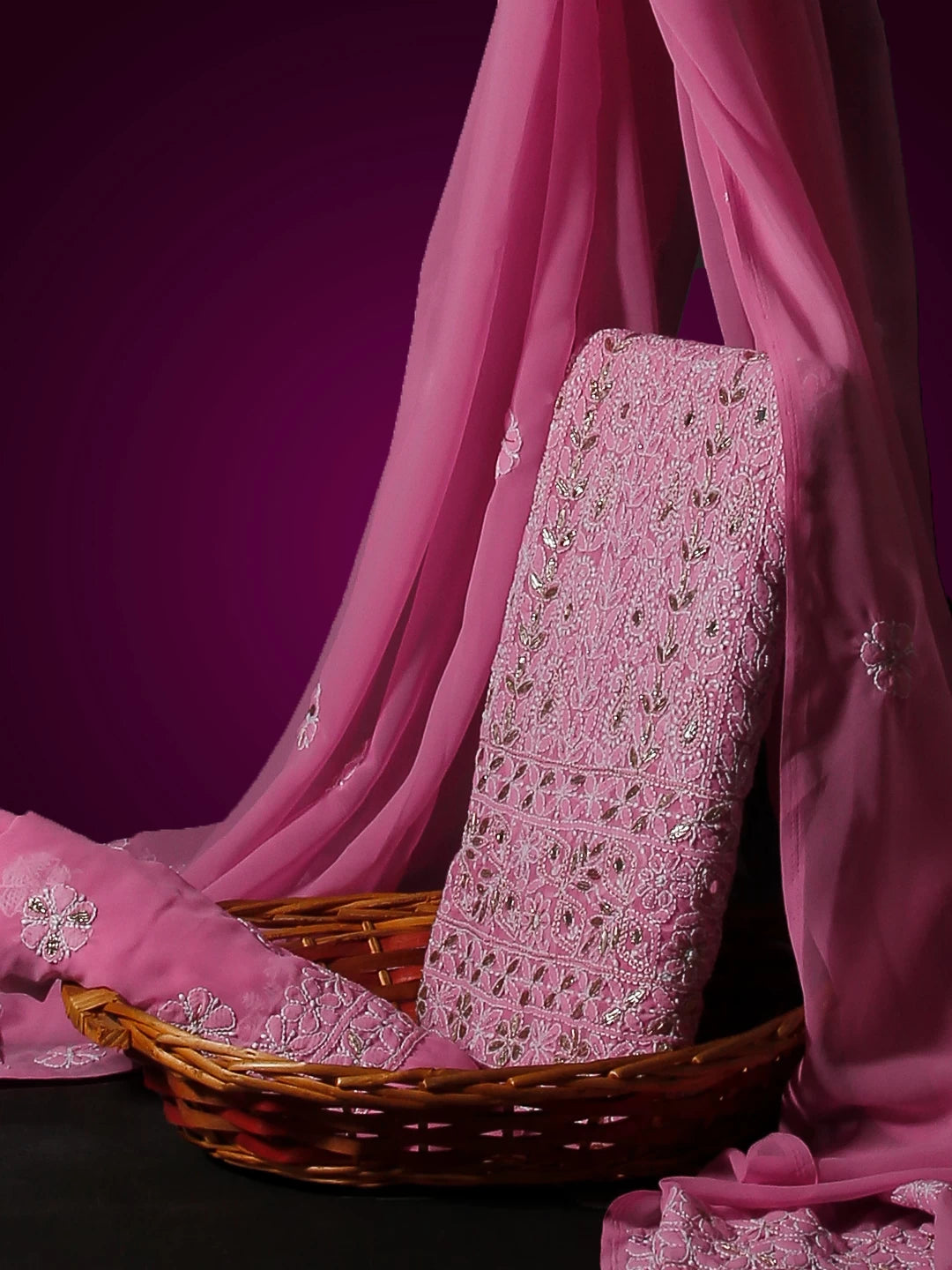 Ada Hand Embroidered Pink Georgette Lucknowi Chikankari Unstitched Suit Piece With Gotapatti 01A364411