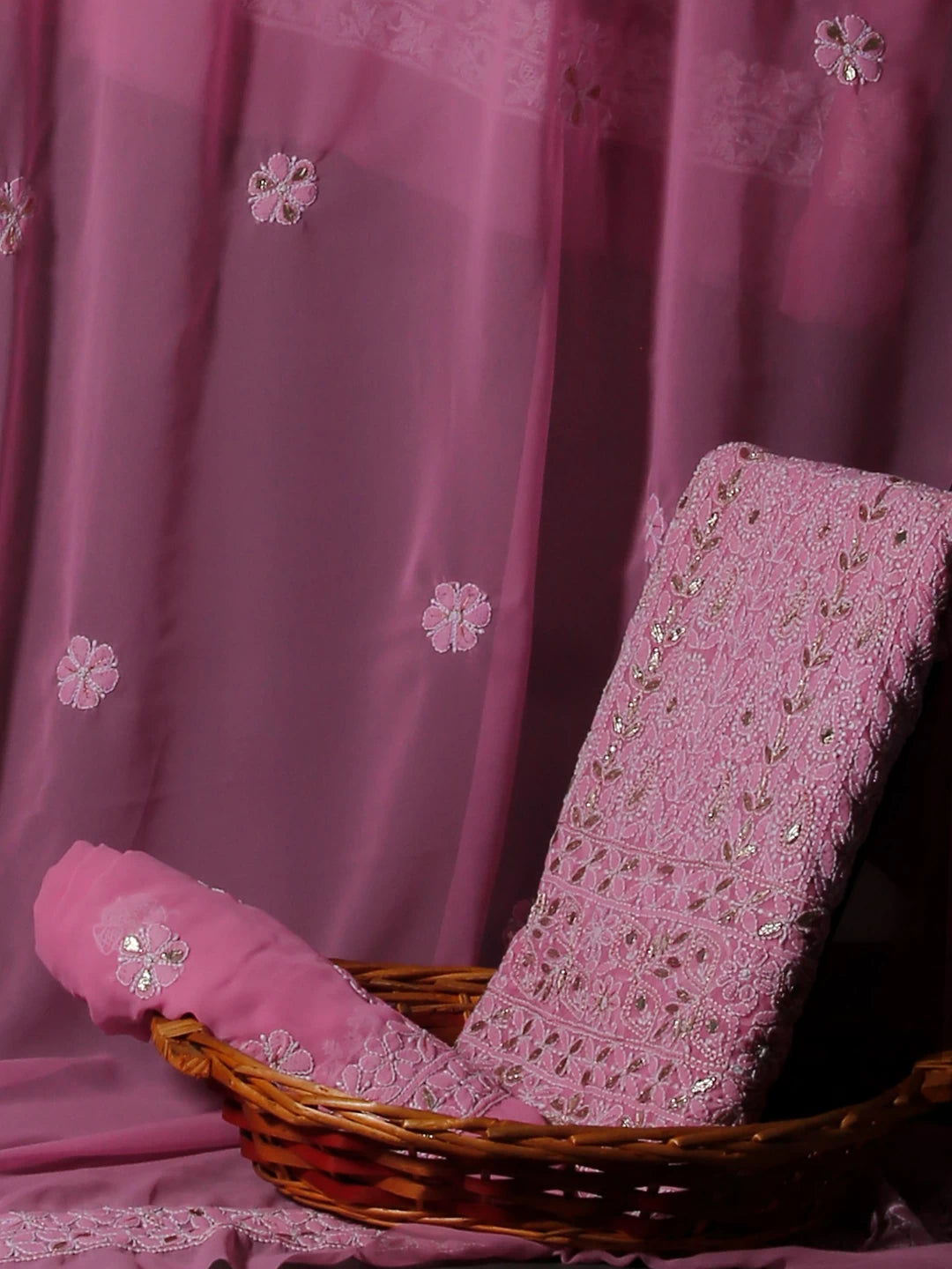 Ada Hand Embroidered Pink Georgette Lucknowi Chikankari Unstitched Suit Piece With Gotapatti 01A364411