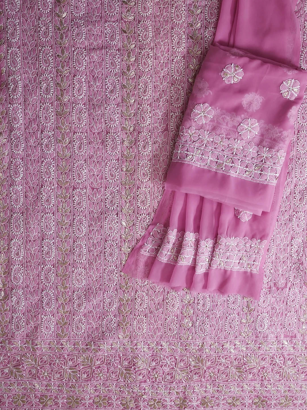 Ada Hand Embroidered Pink Georgette Lucknowi Chikankari Unstitched Suit Piece With Gotapatti 01A364411