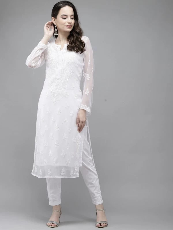 Ada Hand Embroidered White Georgette Lucknowi Chikankari Kurta Set With Slip A811205