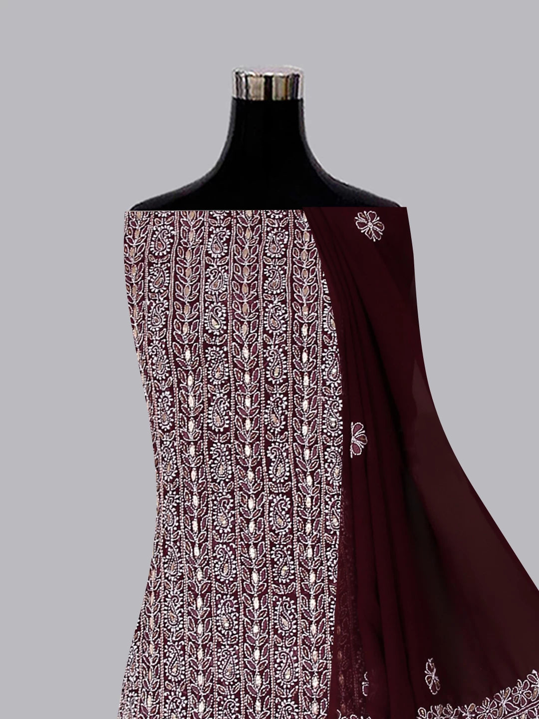 Ada Hand Embroidered Wine Georgette Lucknowi Chikankari Unstitched Suit Piece With Gotapatti Work 01A391227