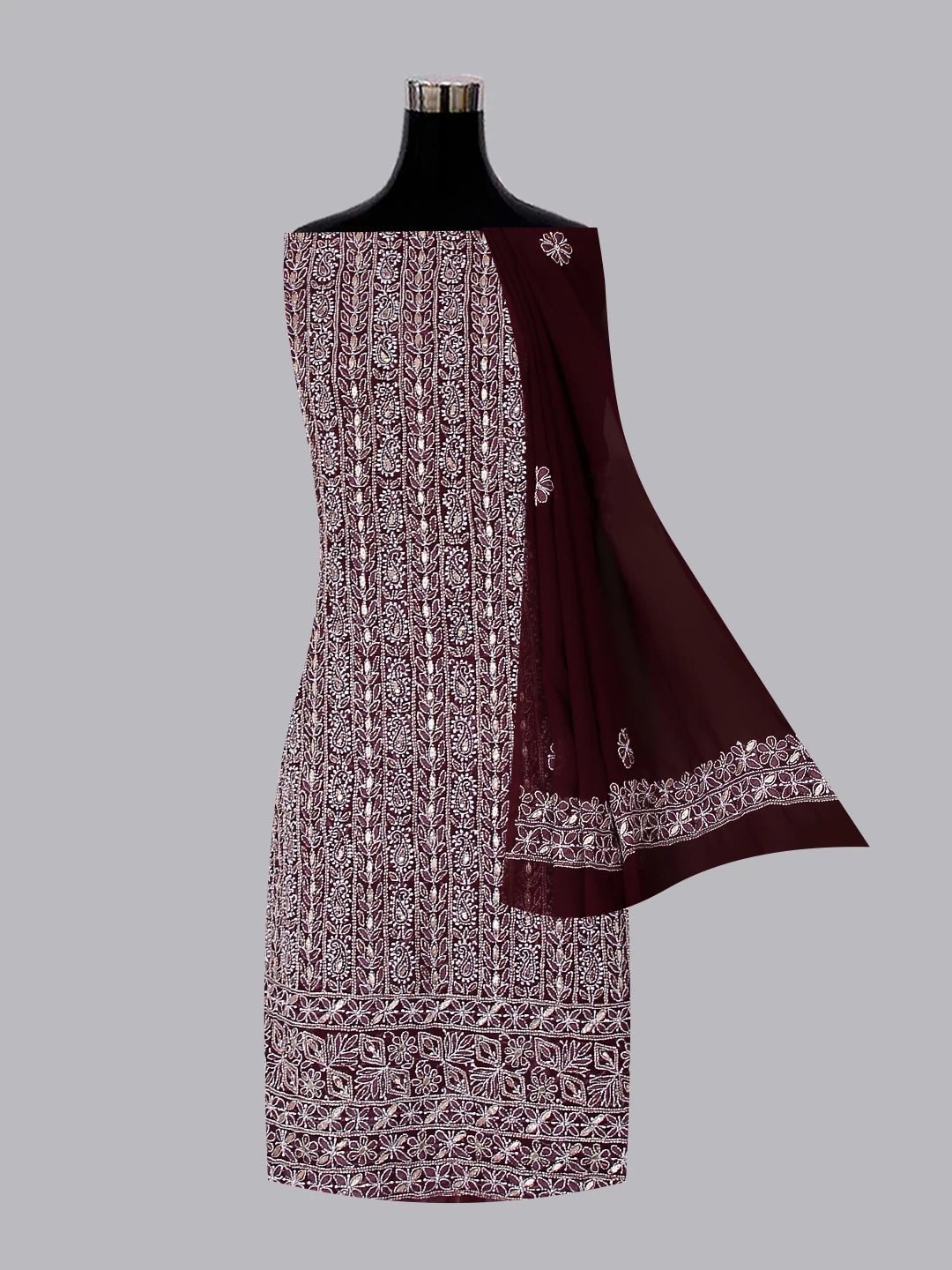 Ada Hand Embroidered Wine Georgette Lucknowi Chikankari Unstitched Suit Piece With Gotapatti Work 01A391227