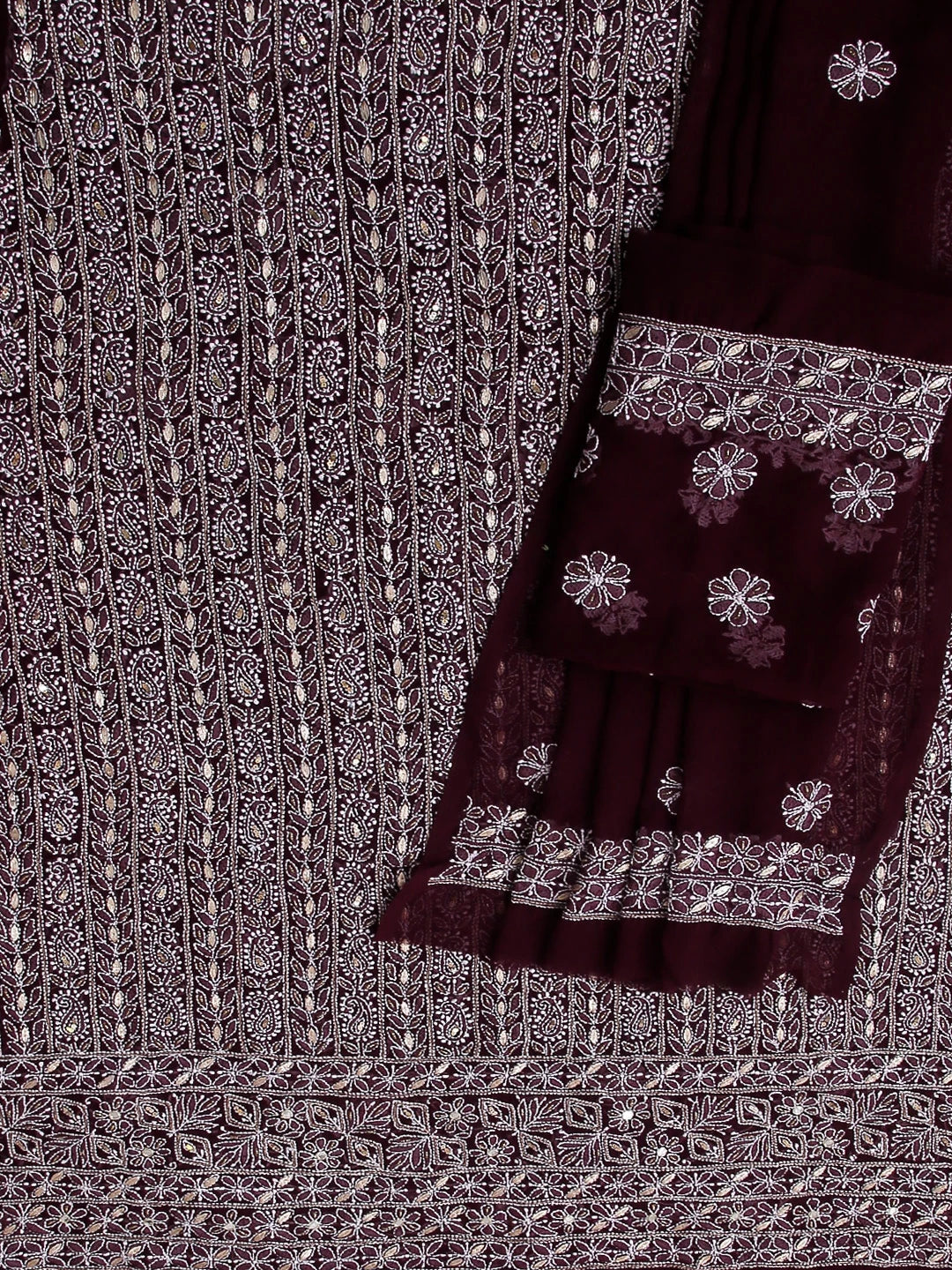 Ada Hand Embroidered Wine Georgette Lucknowi Chikankari Unstitched Suit Piece With Gotapatti Work 01A391227