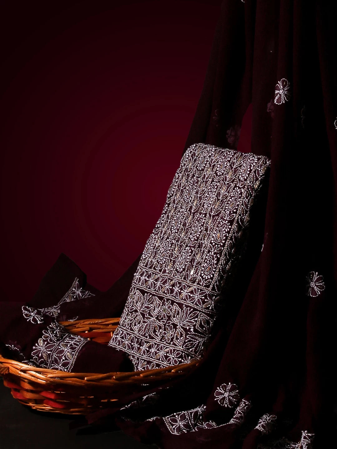 Ada Hand Embroidered Wine Georgette Lucknowi Chikankari Unstitched Suit Piece With Gotapatti Work 01A391227