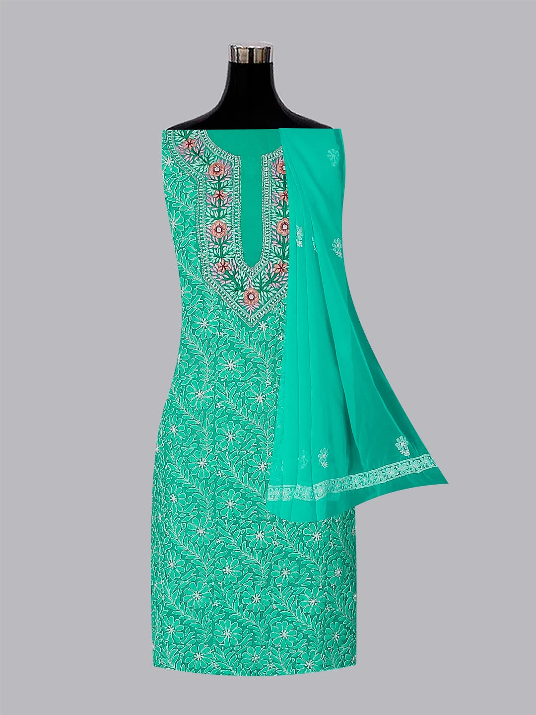 Ada Hand Embroidered Green Georgette Lucknowi Chikankari Unstitched Suit Piece With Parsi Work 01A337836