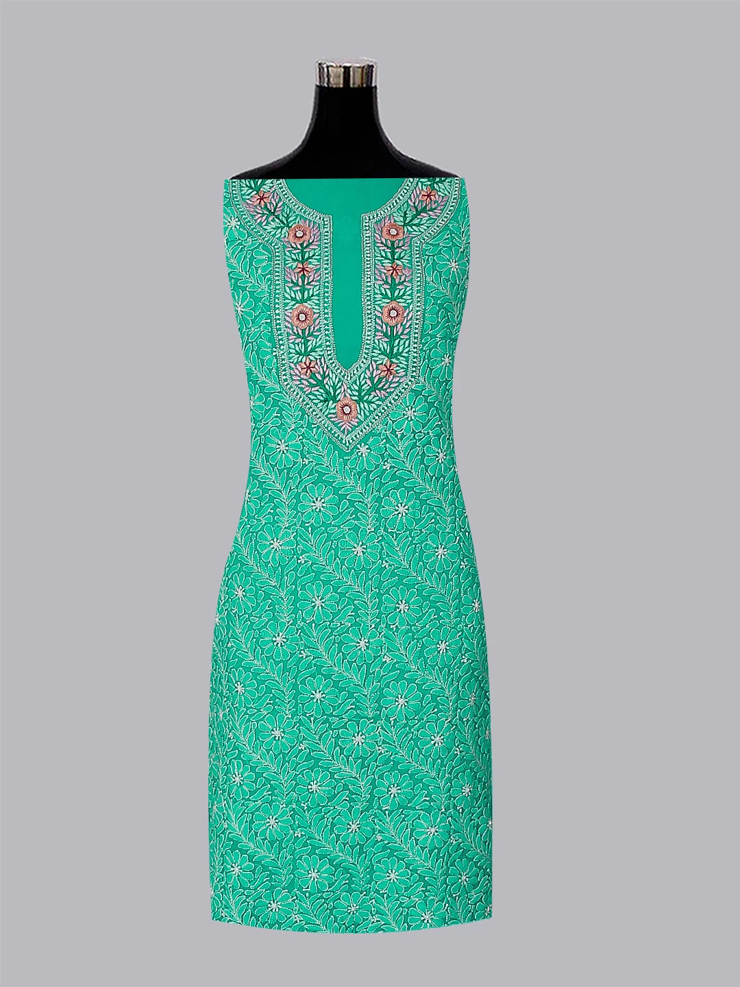 Ada Hand Embroidered Green Georgette Lucknowi Chikankari Unstitched Suit Piece With Parsi Work 01A337836