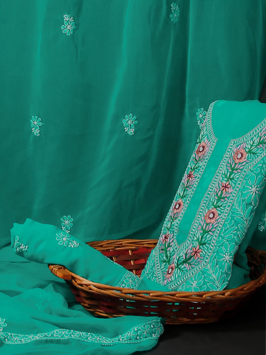 Ada Hand Embroidered Green Georgette Lucknowi Chikankari Unstitched Suit Piece With Parsi Work 01A337836