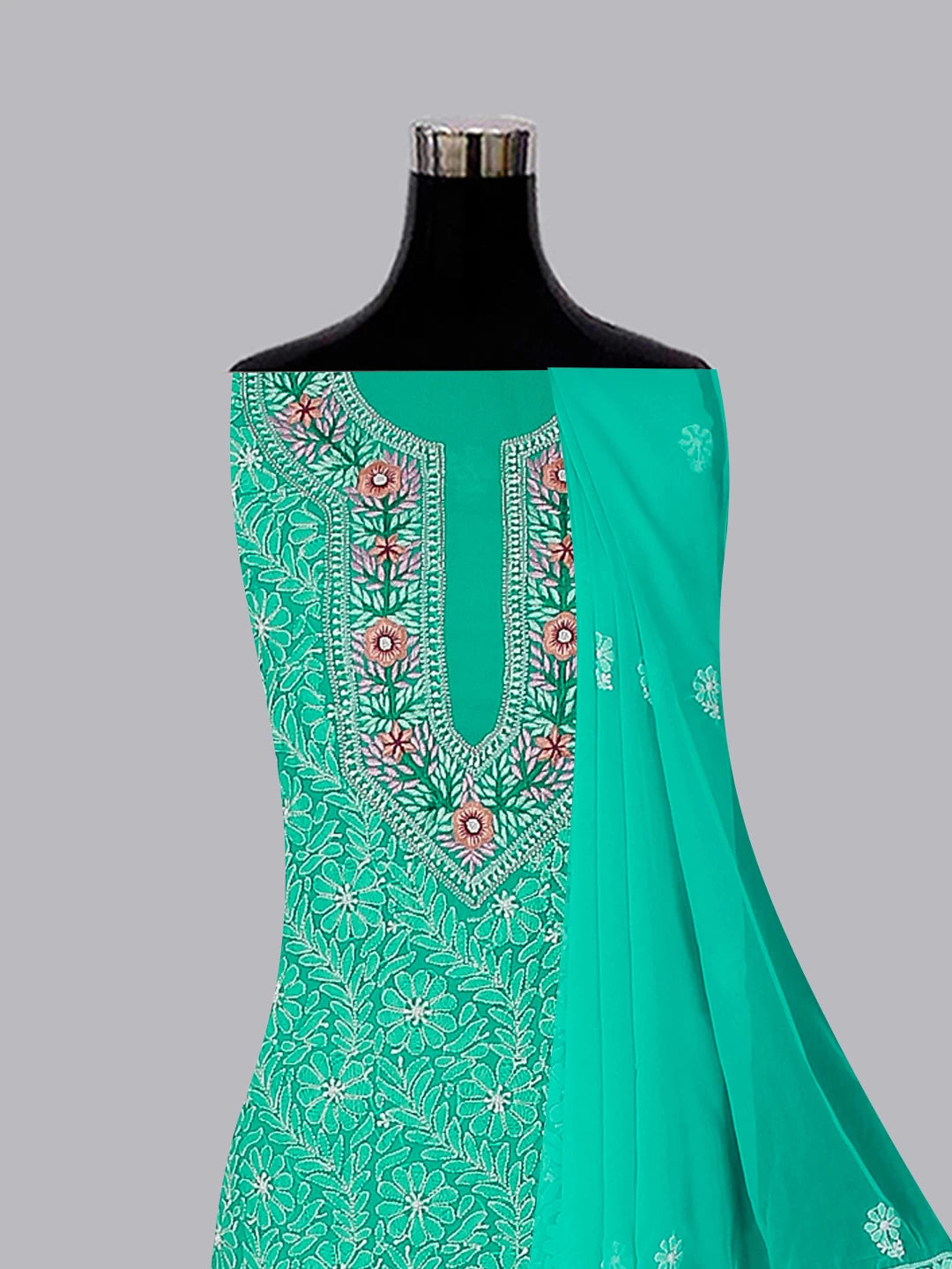 Ada Hand Embroidered Green Georgette Lucknowi Chikankari Unstitched Suit Piece With Parsi Work 01A337836