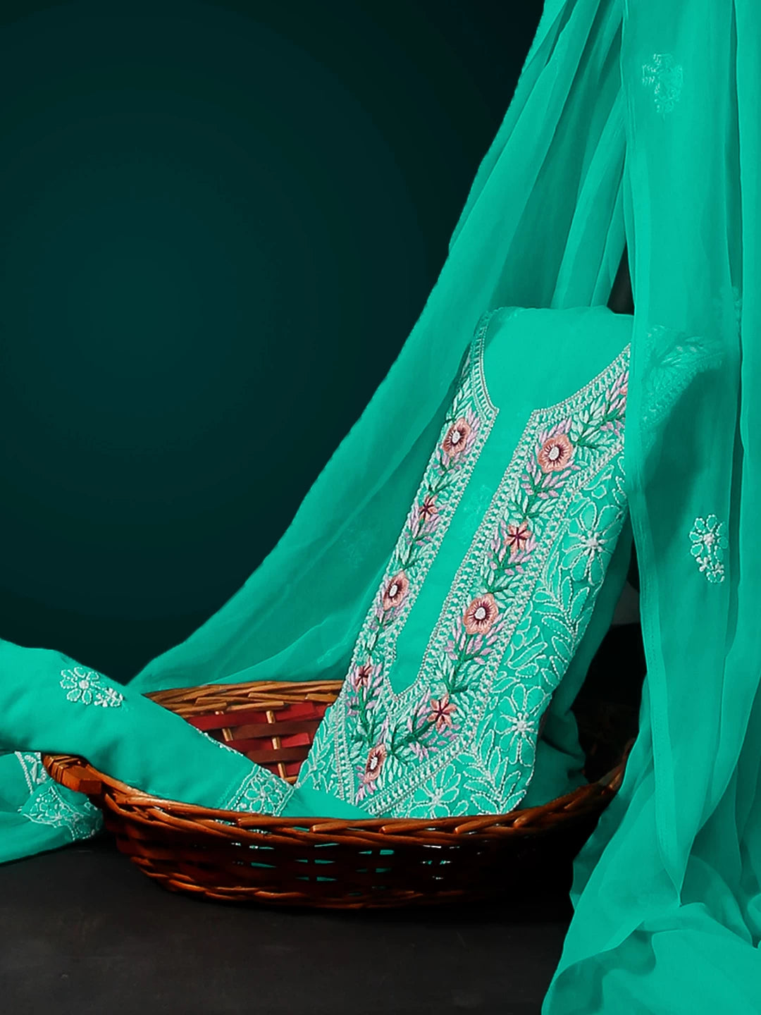 Ada Hand Embroidered Green Georgette Lucknowi Chikankari Unstitched Suit Piece With Parsi Work 01A337836