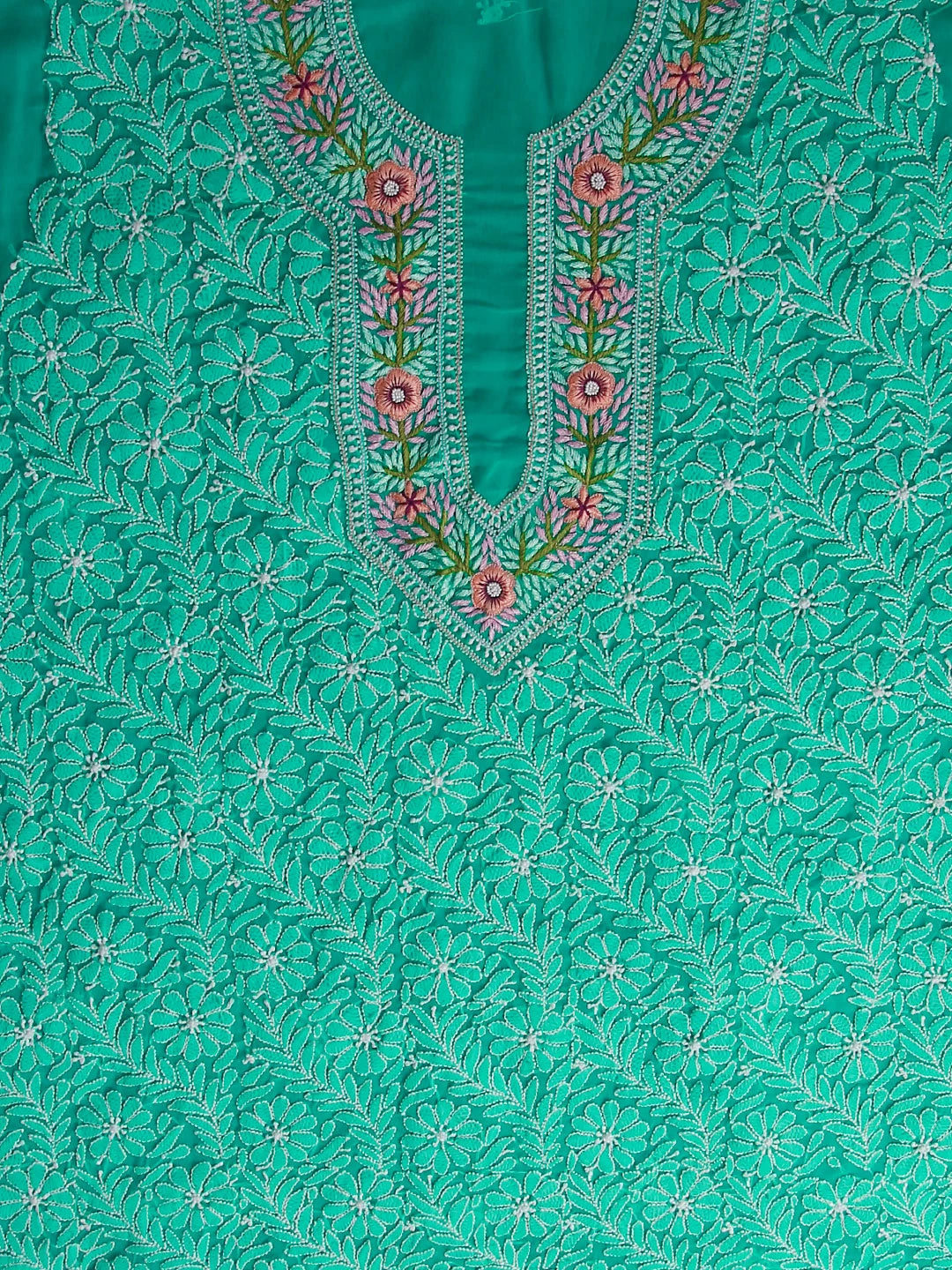 Ada Hand Embroidered Green Georgette Lucknowi Chikankari Unstitched Suit Piece With Parsi Work 01A337836