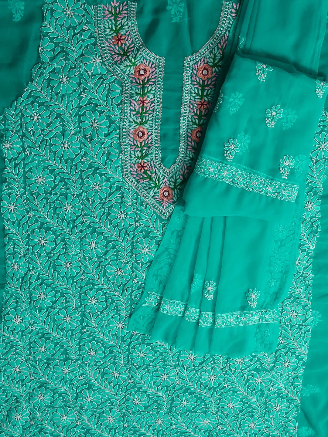 Ada Hand Embroidered Green Georgette Lucknowi Chikankari Unstitched Suit Piece With Parsi Work 01A337836