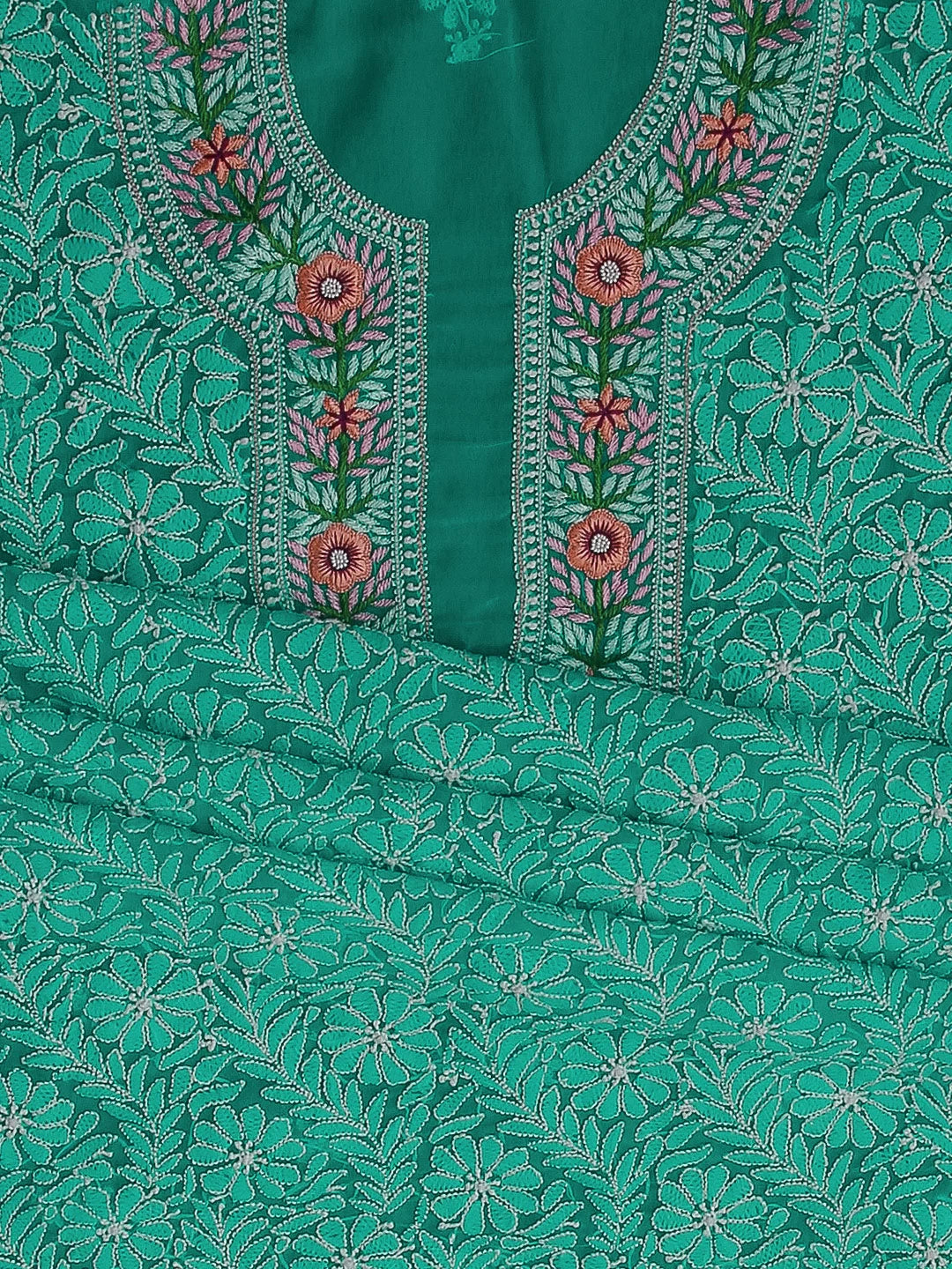Ada Hand Embroidered Green Georgette Lucknowi Chikankari Unstitched Suit Piece With Parsi Work 01A337836
