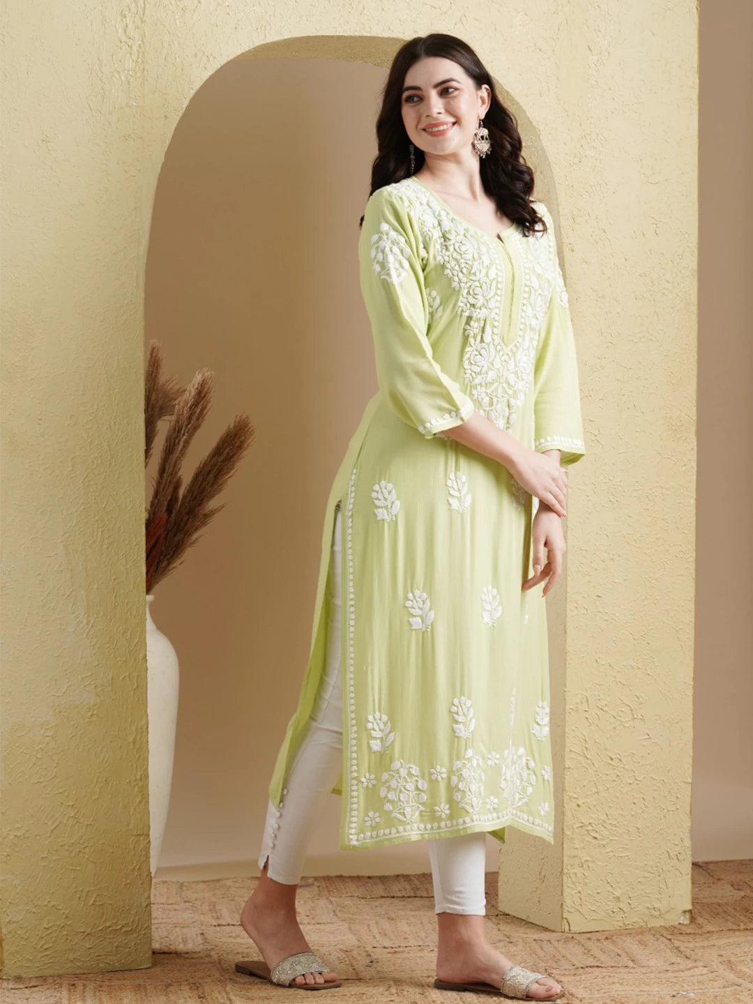 Ada Hand Embroidered Light Green Rayon Lucknowi Chikankari Straight Kurta A411515