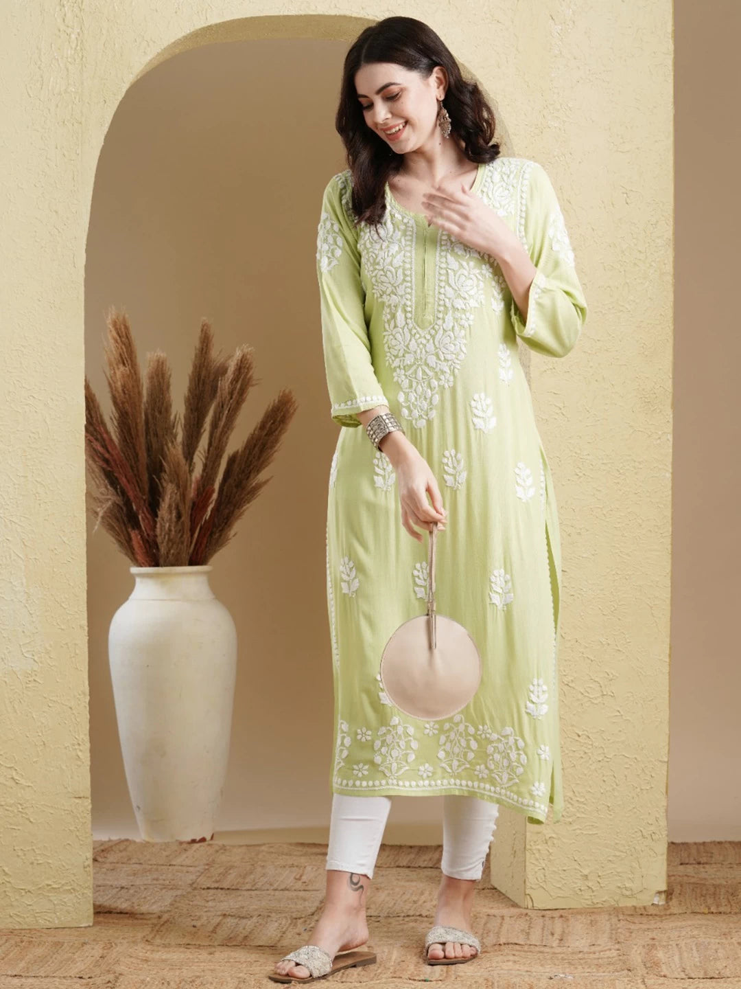 Ada Hand Embroidered Light Green Rayon Lucknowi Chikankari Straight Kurta A411515
