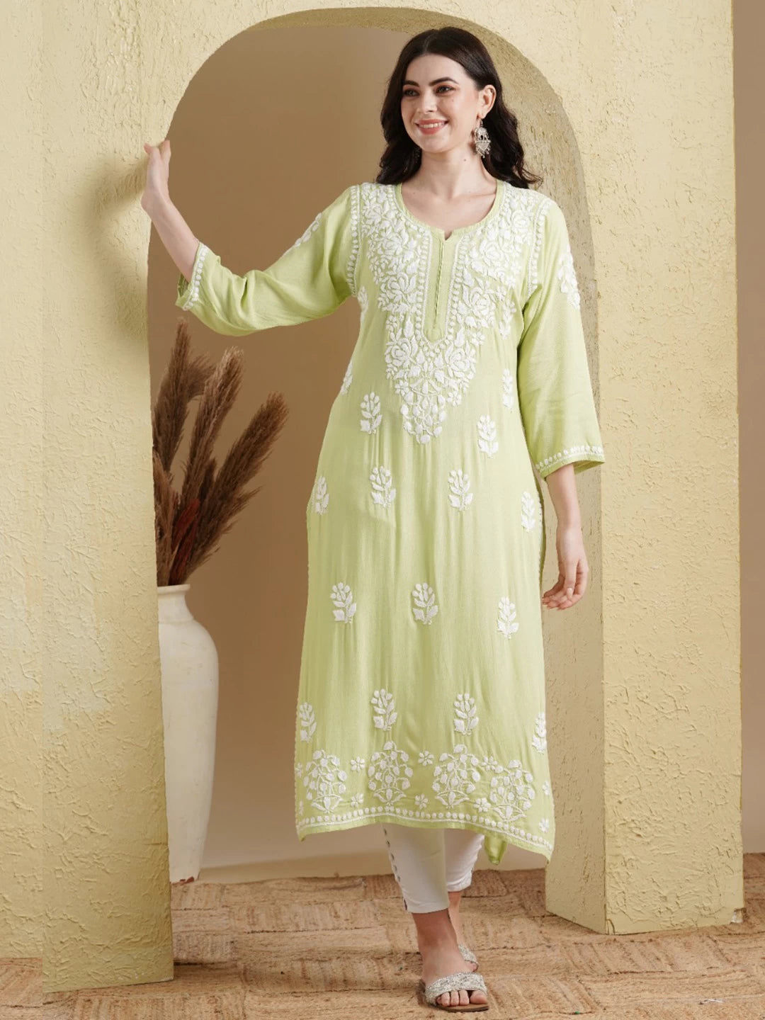 Ada Hand Embroidered Light Green Rayon Lucknowi Chikankari Straight Kurta A411515