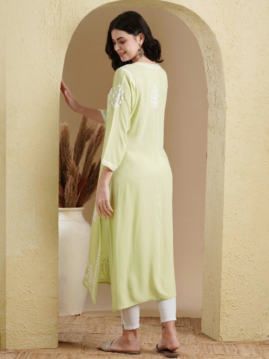 Ada Hand Embroidered Light Green Rayon Lucknowi Chikankari Straight Kurta A411515