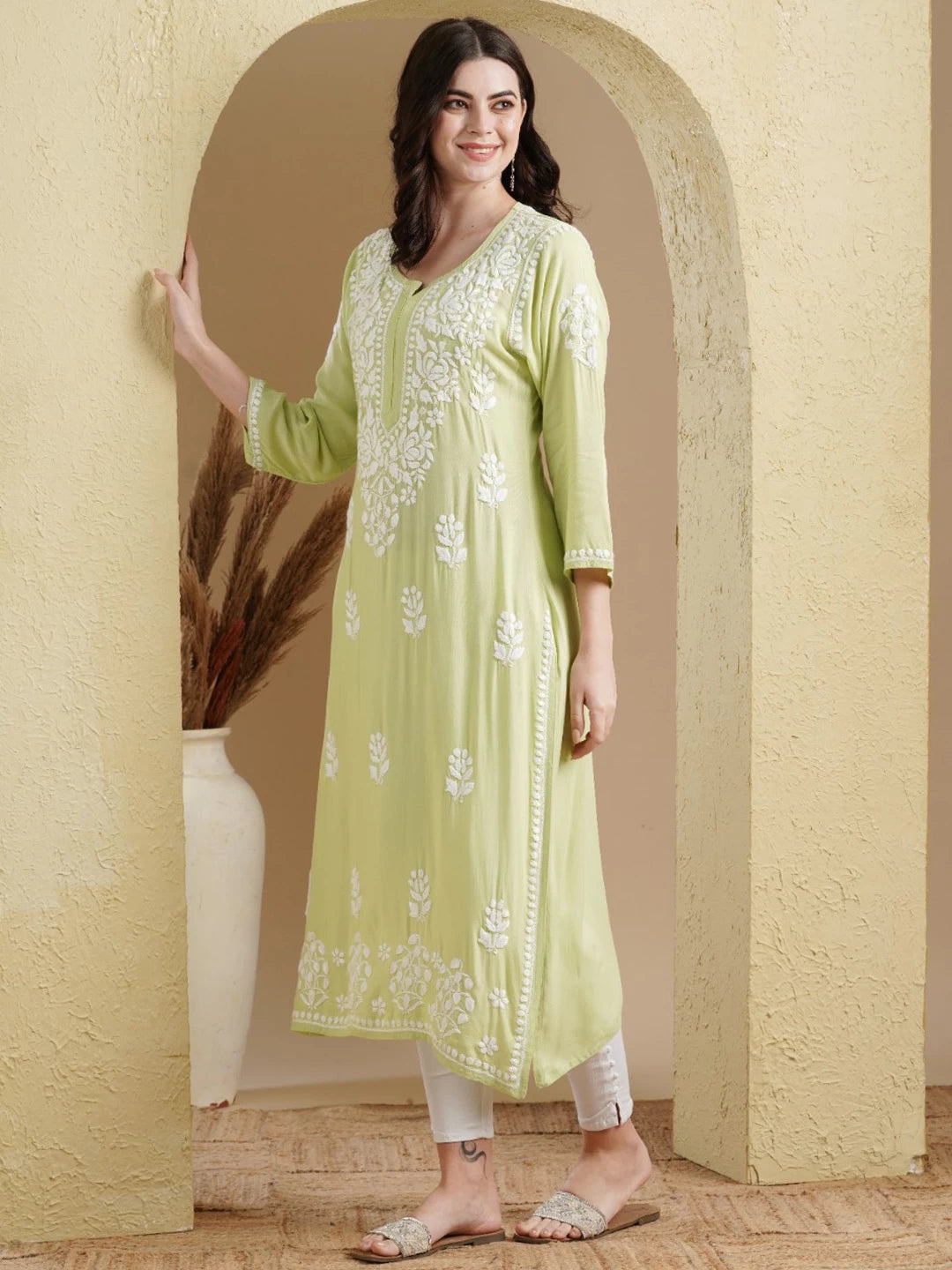 Ada Hand Embroidered Light Green Rayon Lucknowi Chikankari Straight Kurta A411515