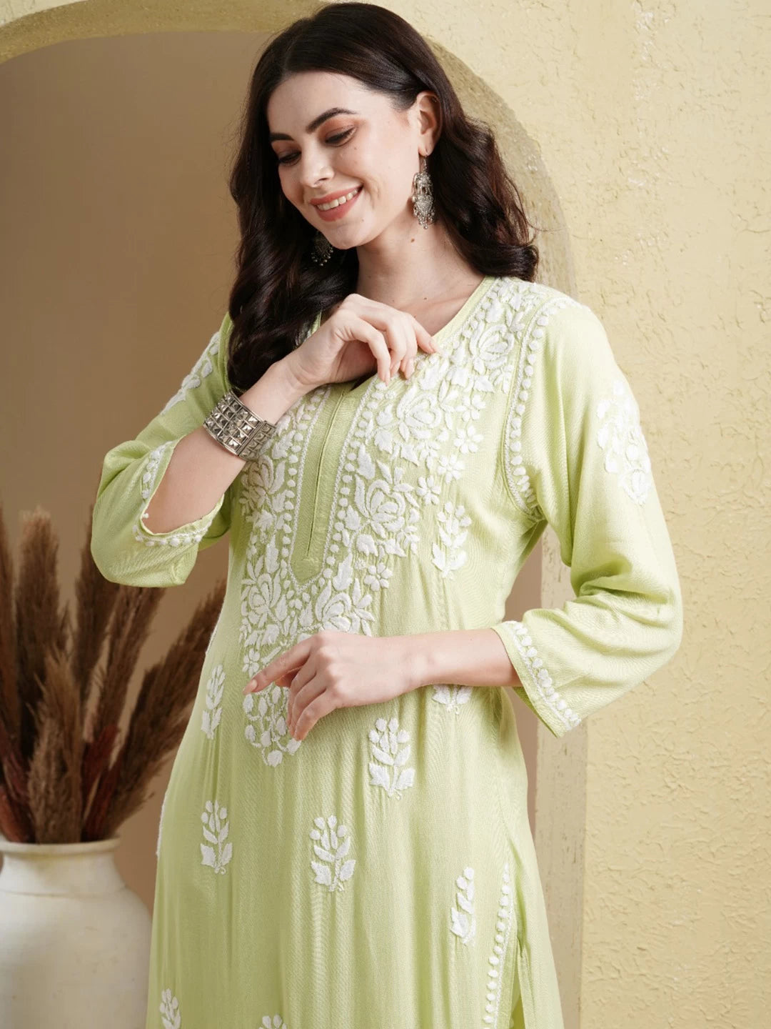 Ada Hand Embroidered Light Green Rayon Lucknowi Chikankari Straight Kurta A411515