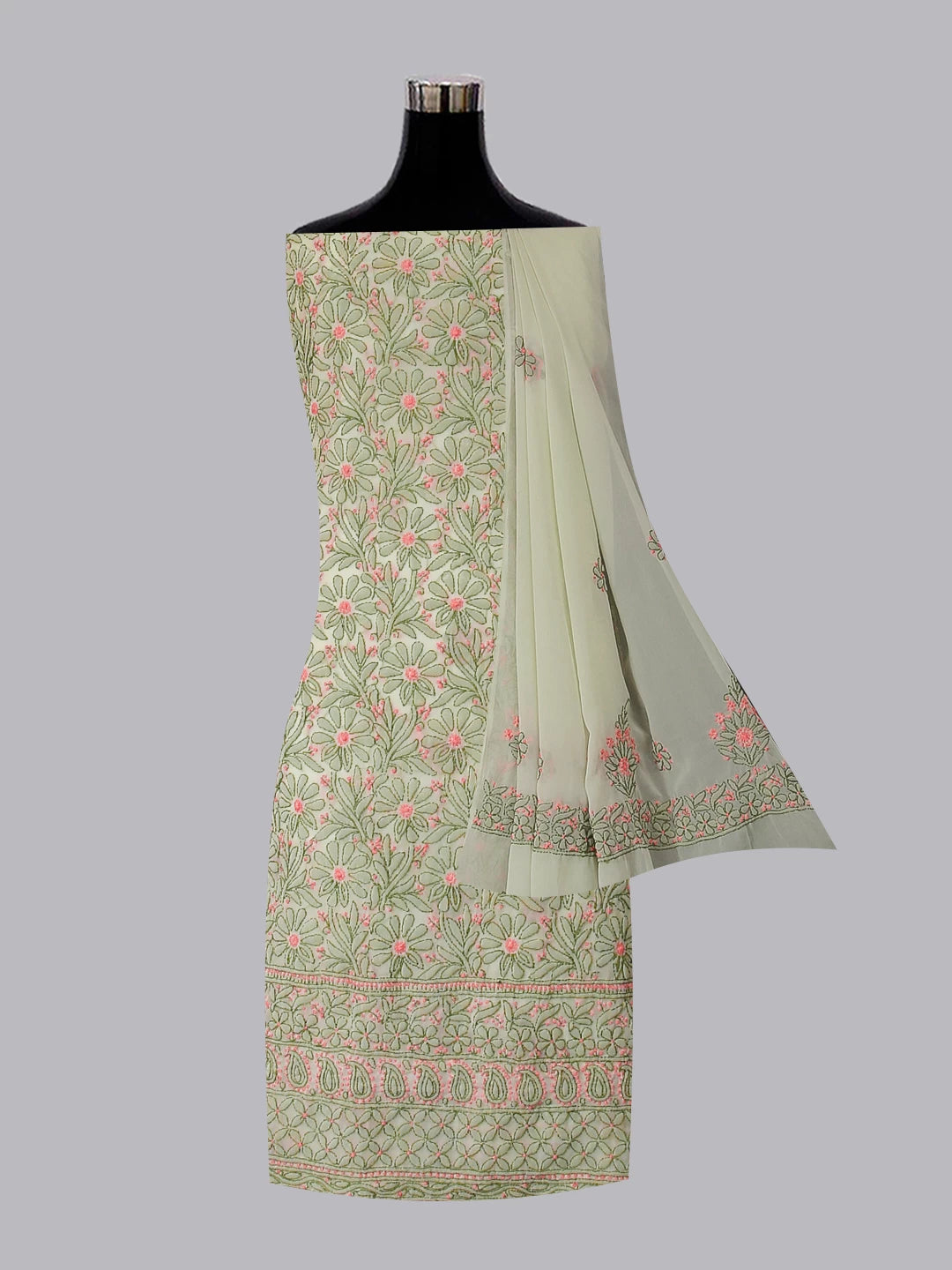 Ada Hand Embroidered Tea Green Georgette Lucknowi Chikankari Unstitched Suit Piece 01A504893