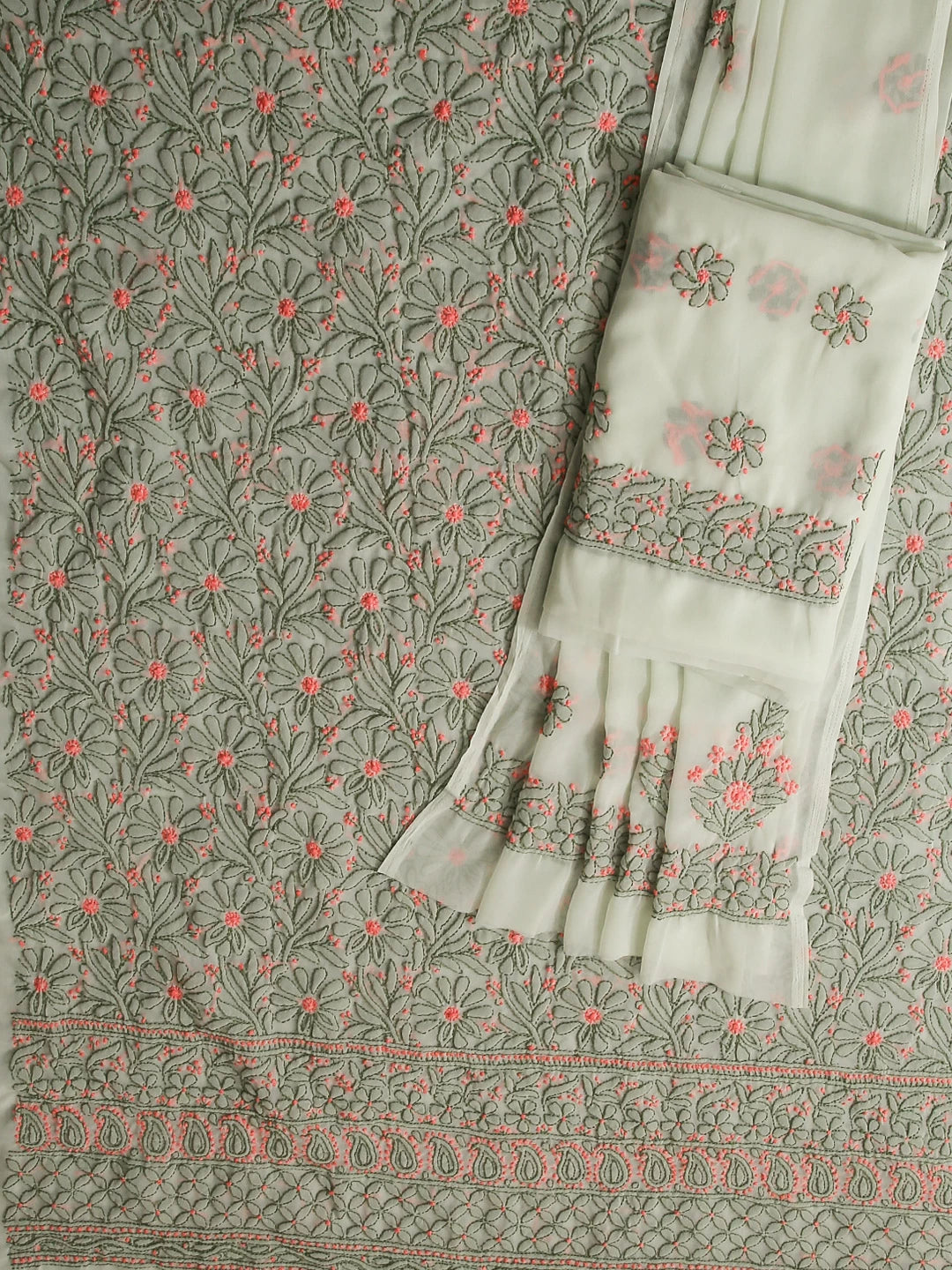 Ada Hand Embroidered Tea Green Georgette Lucknowi Chikankari Unstitched Suit Piece 01A504893