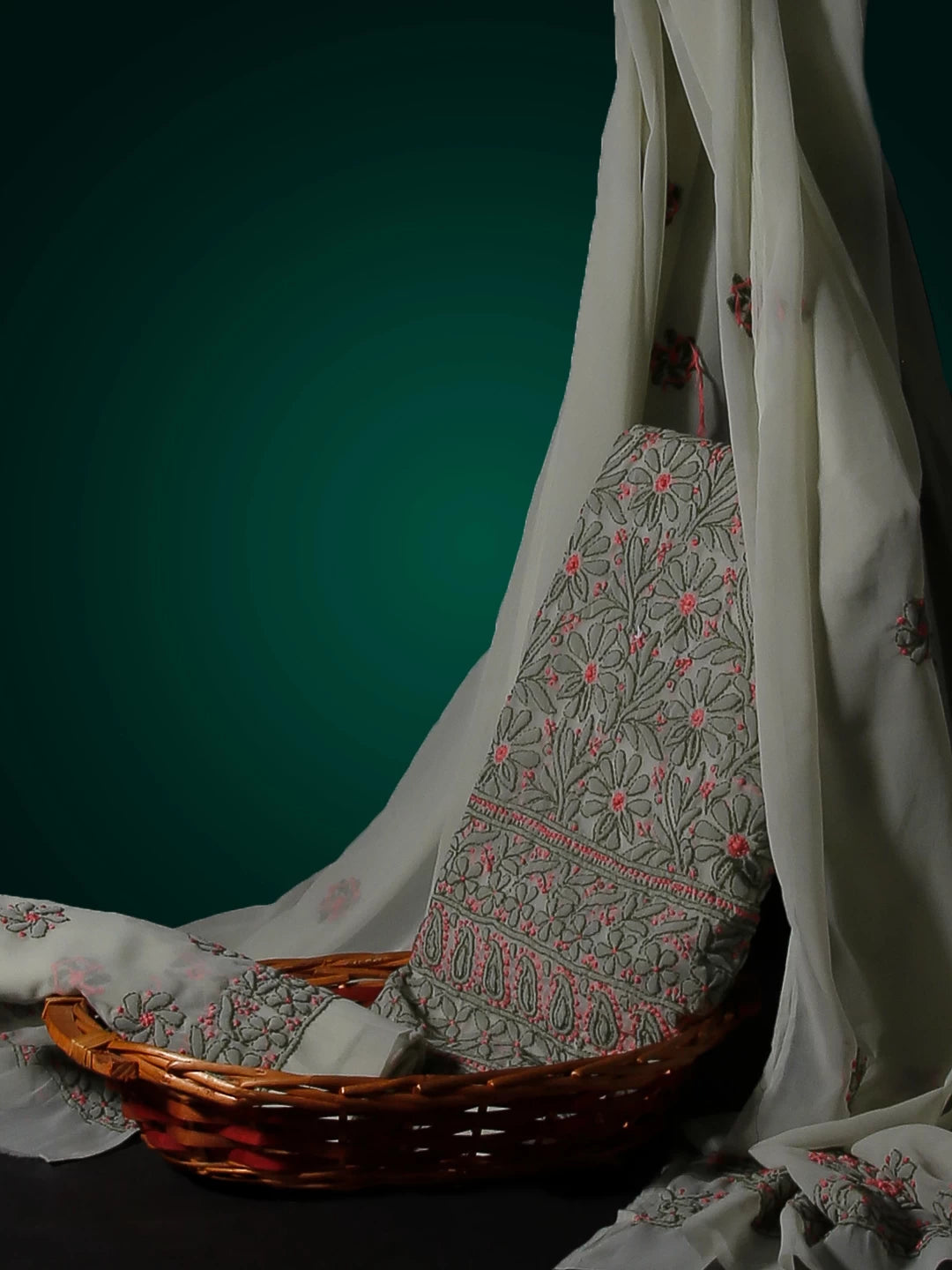 Ada Hand Embroidered Tea Green Georgette Lucknowi Chikankari Unstitched Suit Piece 01A504893