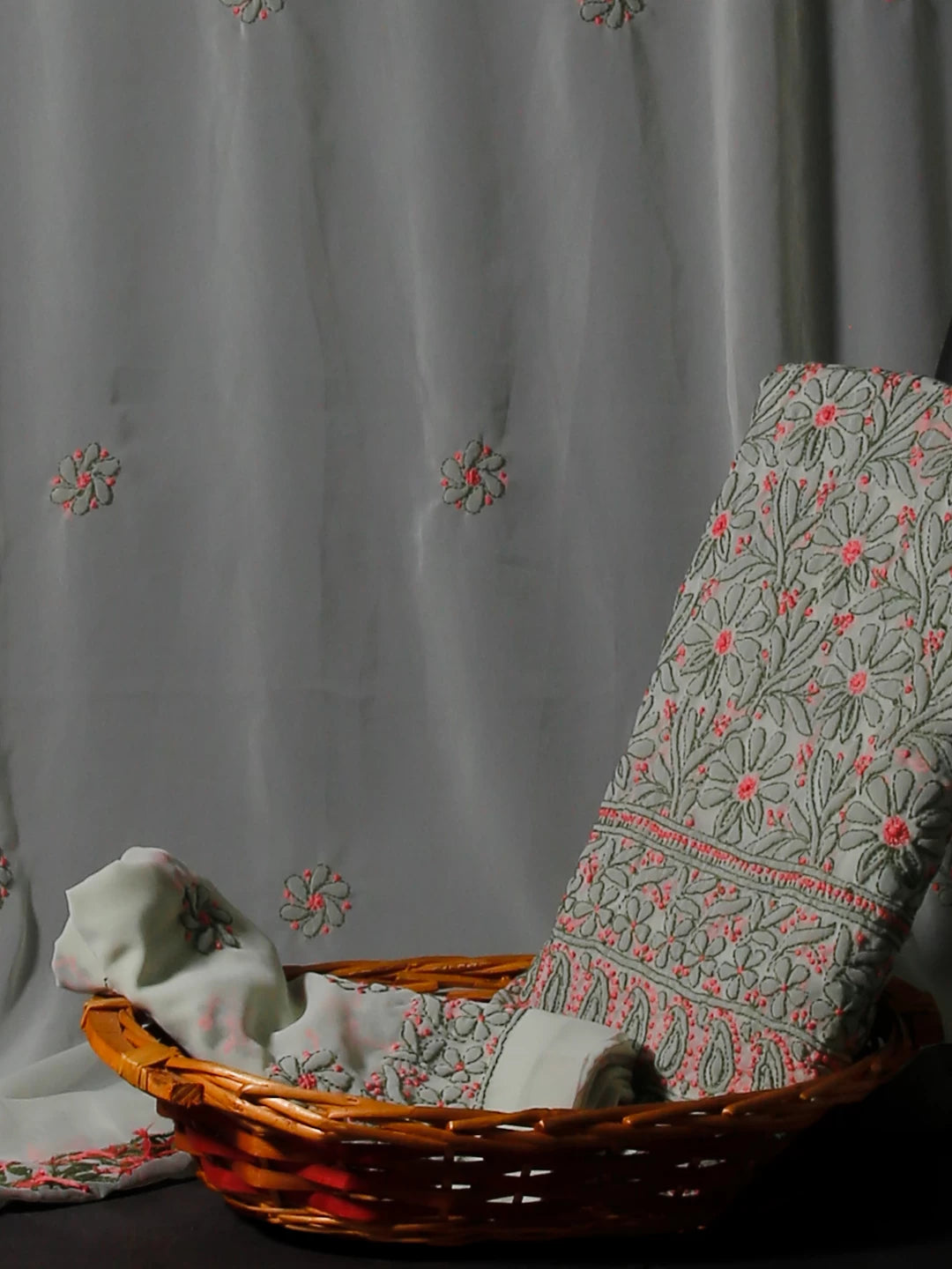 Ada Hand Embroidered Tea Green Georgette Lucknowi Chikankari Unstitched Suit Piece 01A504893