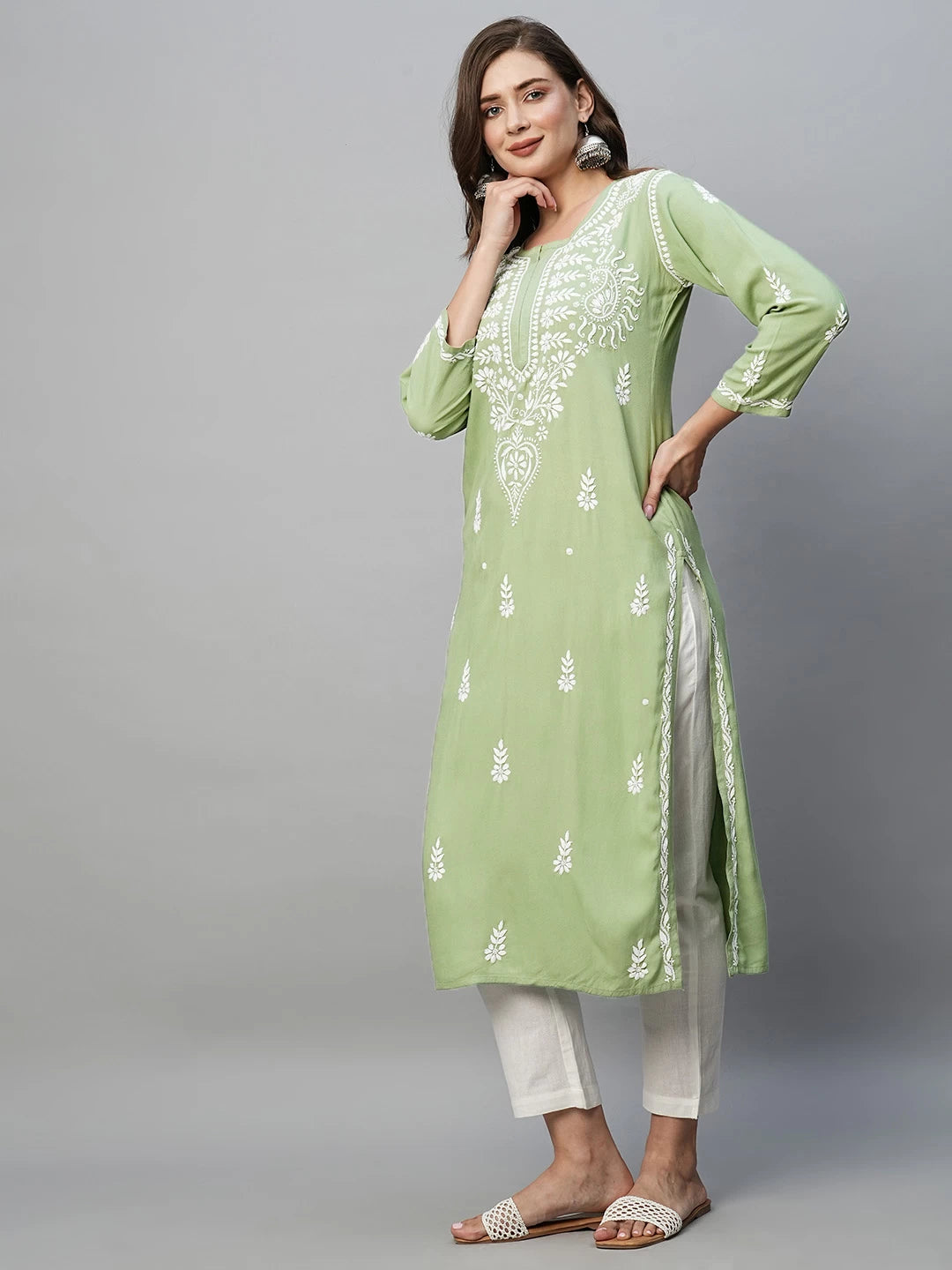 Ada Hand Embroidered Pista Green Rayon Lucknowi Chikankari Straight Kurta A411484
