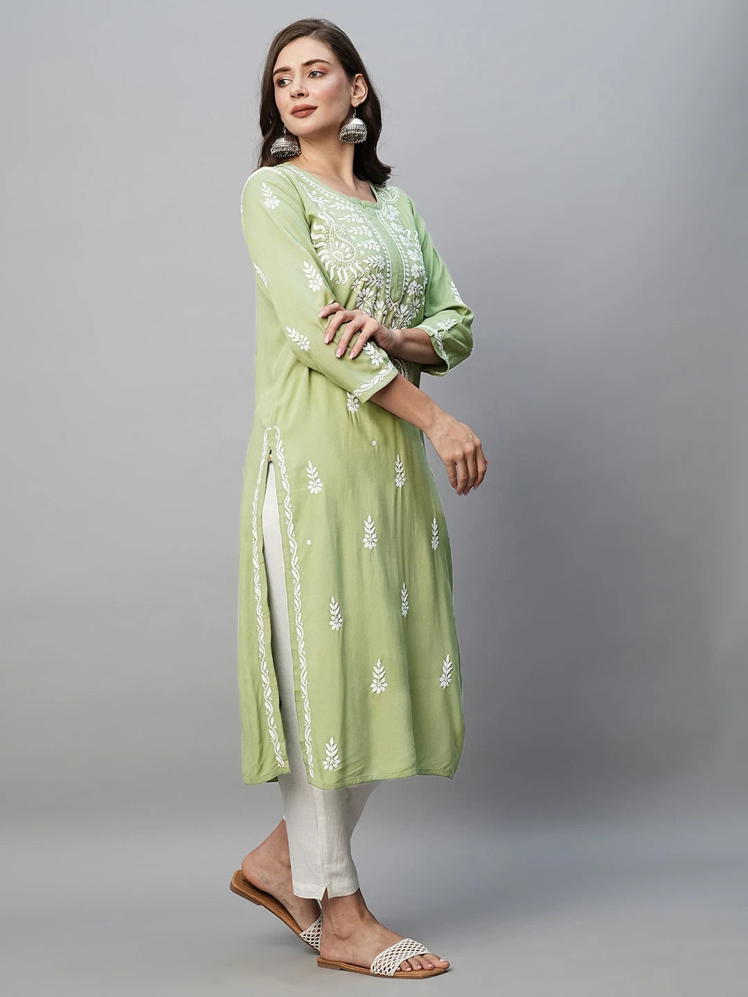 Ada Hand Embroidered Pista Green Rayon Lucknowi Chikankari Straight Kurta A411484