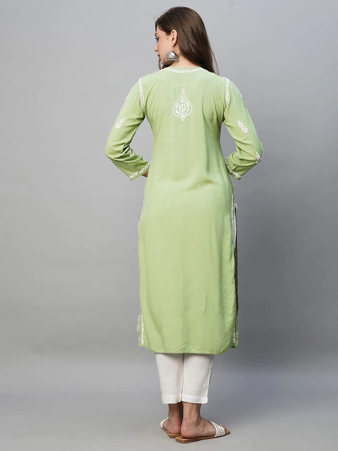 Ada Hand Embroidered Pista Green Rayon Lucknowi Chikankari Straight Kurta A411484
