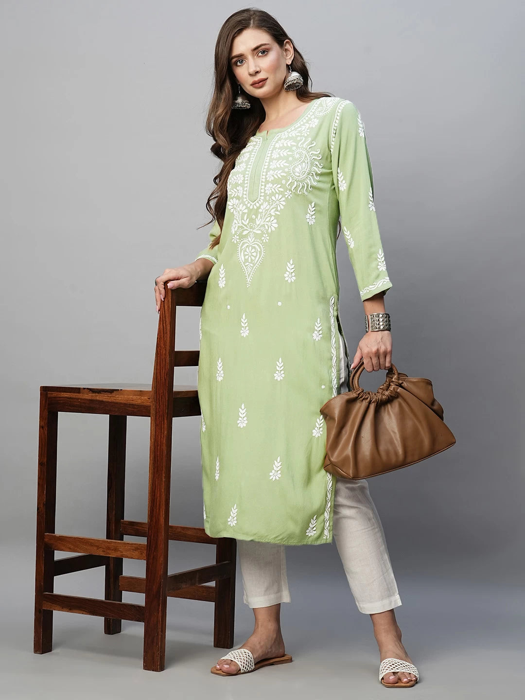 Ada Hand Embroidered Pista Green Rayon Lucknowi Chikankari Straight Kurta A411484