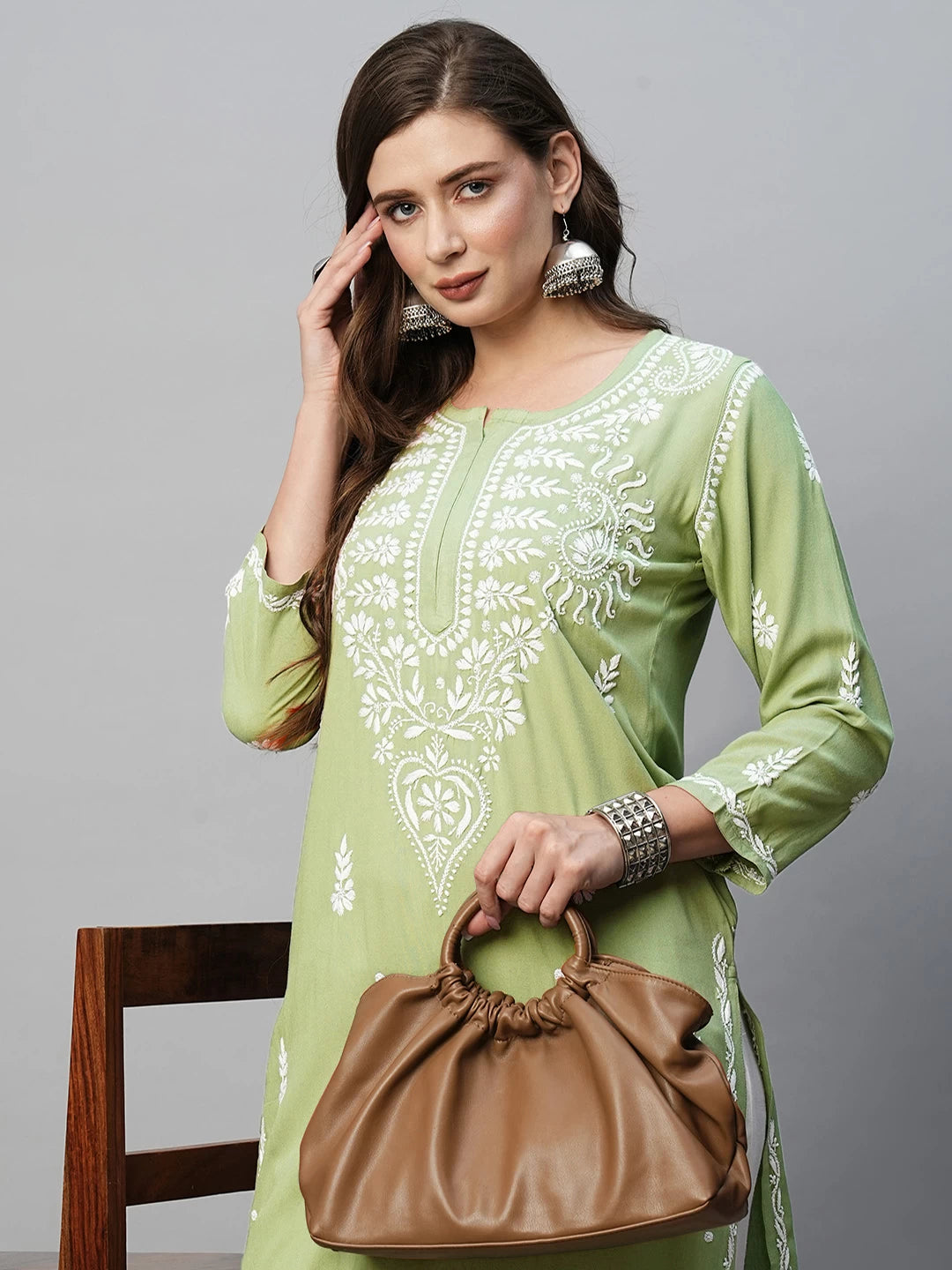 Ada Hand Embroidered Pista Green Rayon Lucknowi Chikankari Straight Kurta A411484