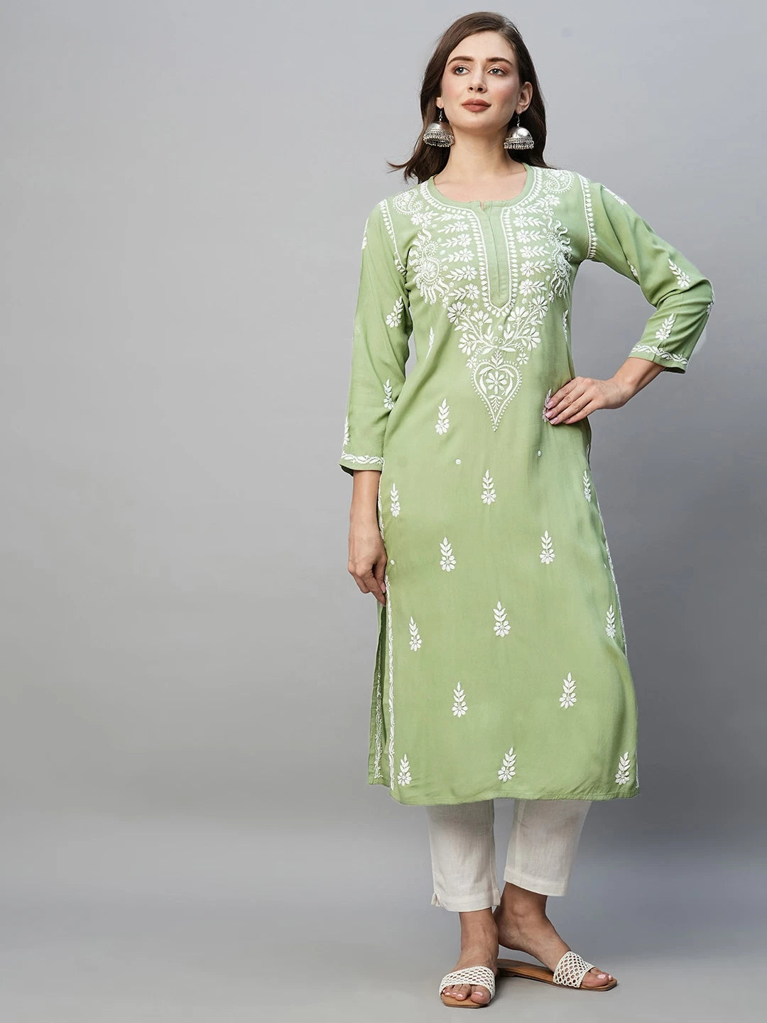 Ada Hand Embroidered Pista Green Rayon Lucknowi Chikankari Straight Kurta A411484
