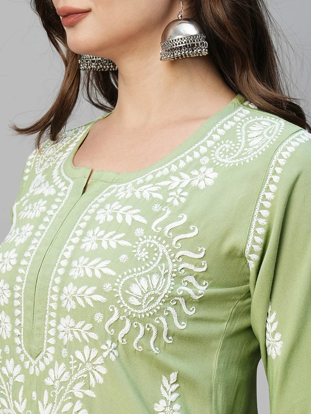 Ada Hand Embroidered Pista Green Rayon Lucknowi Chikankari Straight Kurta A411484