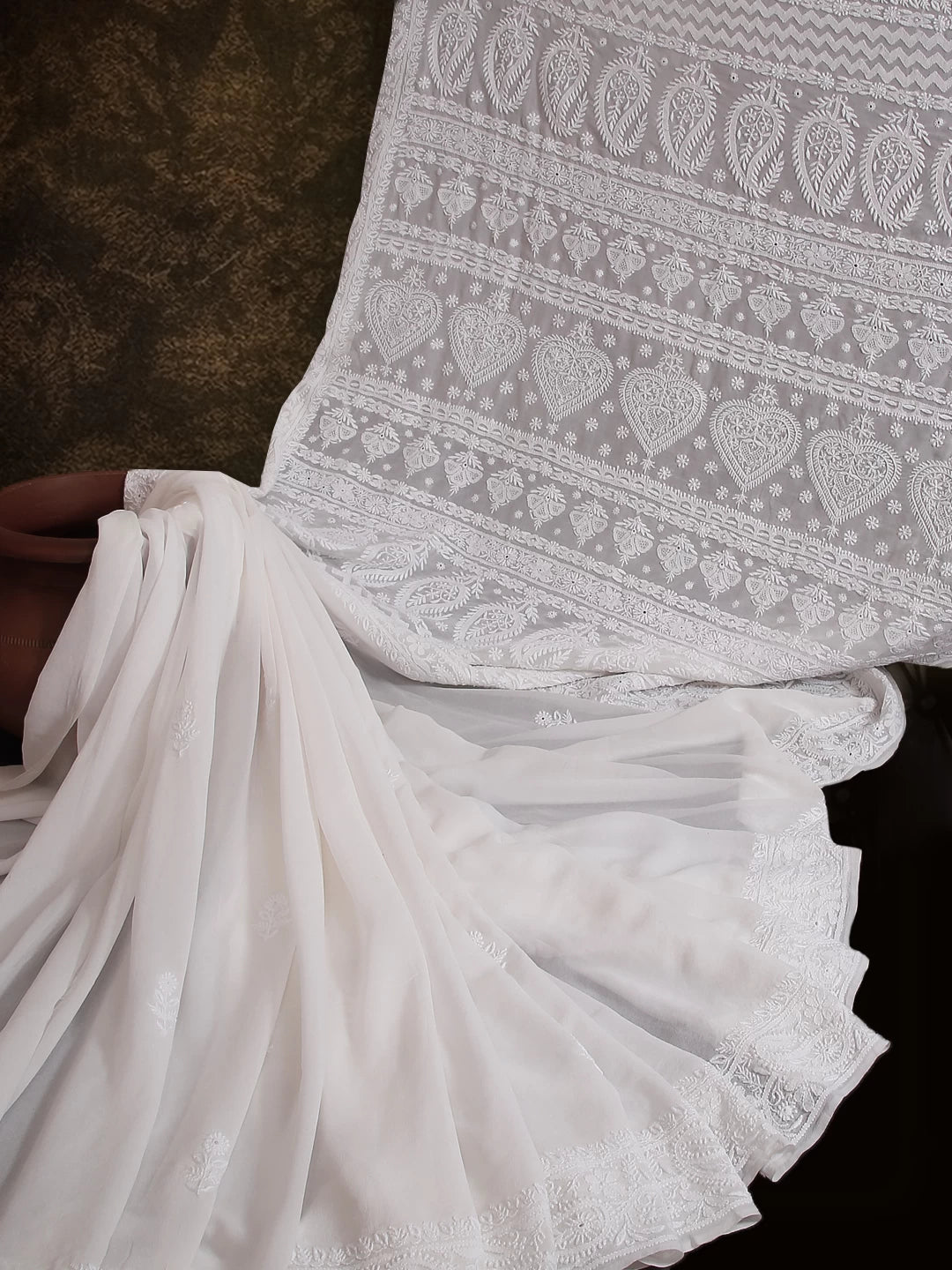 Ada Hand Embroidered Off White Pure Georgette Lucknowi Chikankari Saree with Blouse 01A488776