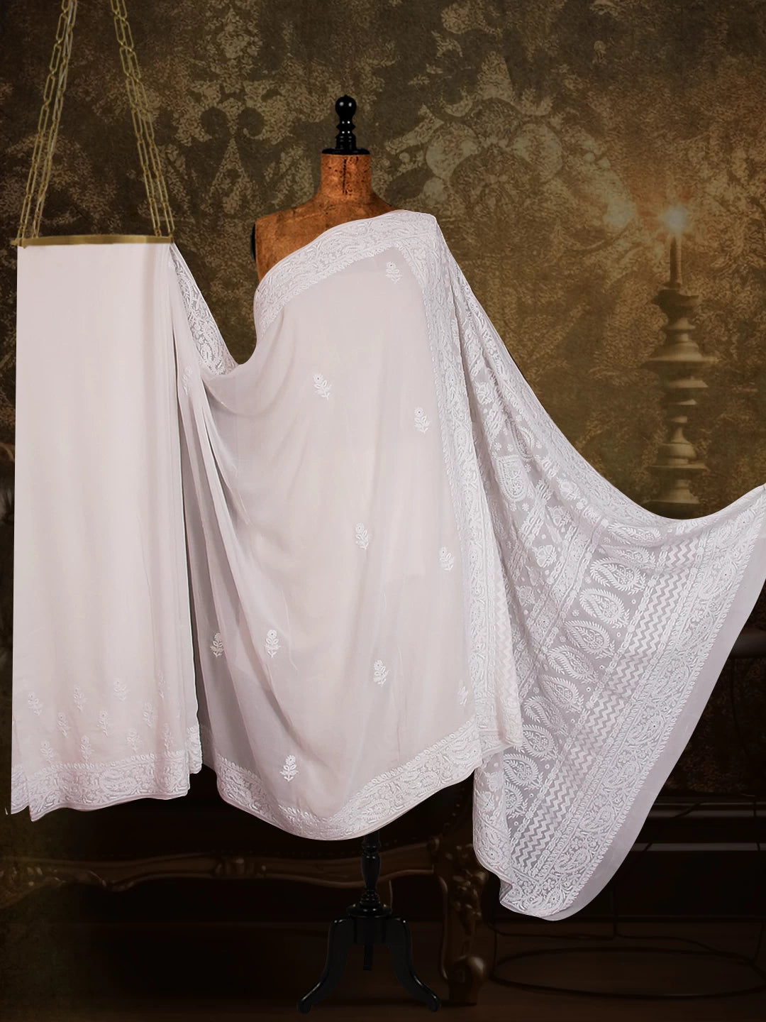 Ada Hand Embroidered Off White Pure Georgette Lucknowi Chikankari Saree with Blouse 01A488776