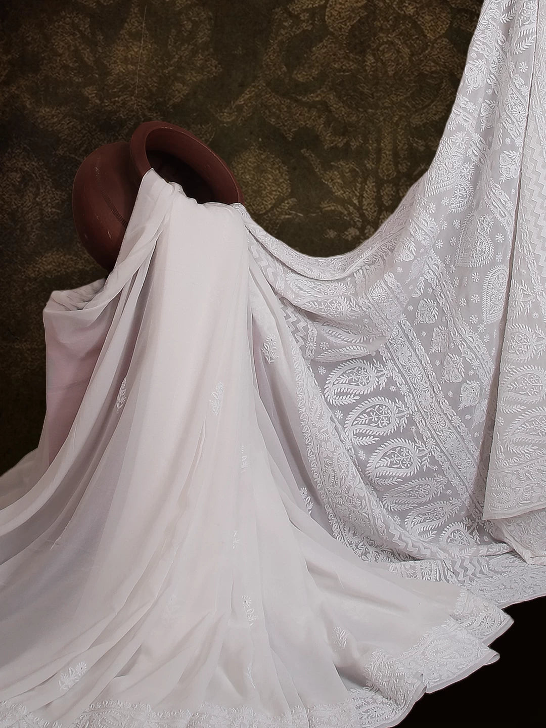 Ada Hand Embroidered Off White Pure Georgette Lucknowi Chikankari Saree with Blouse 01A488776
