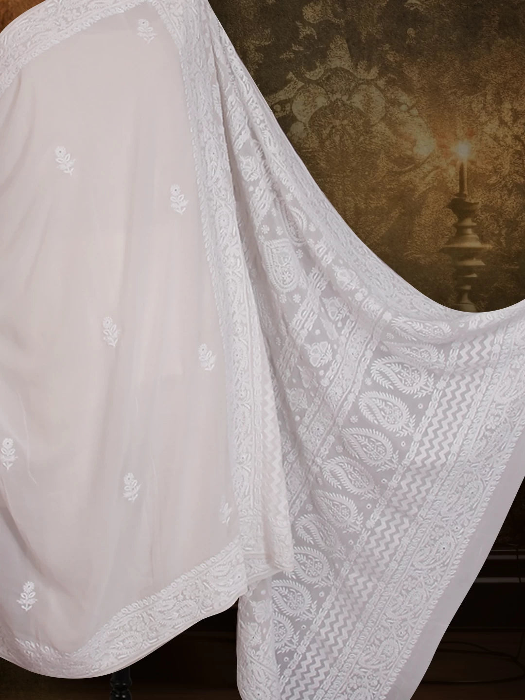 Ada Hand Embroidered Off White Pure Georgette Lucknowi Chikankari Saree with Blouse 01A488776
