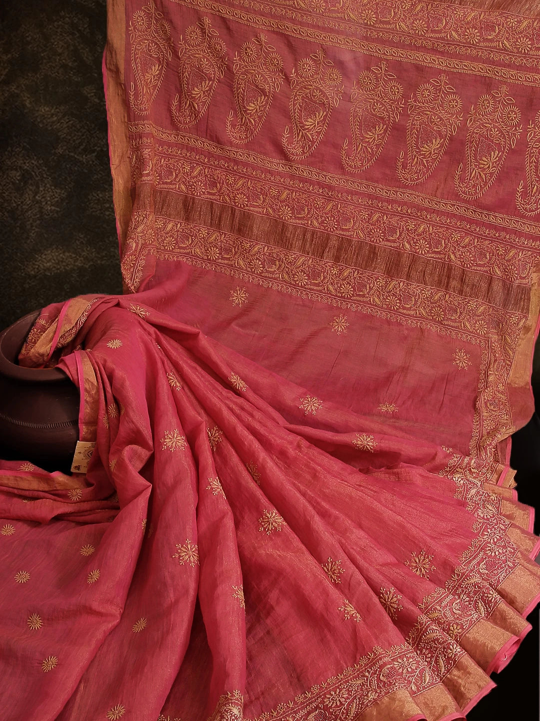 Ada Hand Embroidered Onion Pink Tissue Lucknowi Chikankari Saree With Blouse And Zari Work 01A265925