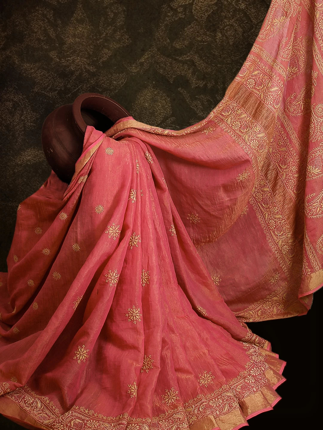 Ada Hand Embroidered Onion Pink Tissue Lucknowi Chikankari Saree With Blouse And Zari Work 01A265925