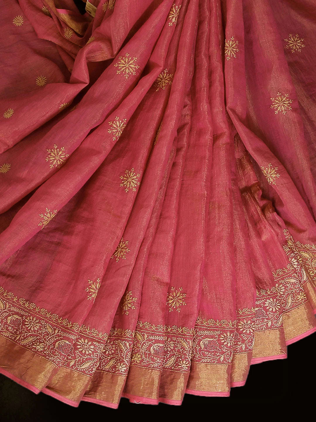 Ada Hand Embroidered Onion Pink Tissue Lucknowi Chikankari Saree With Blouse And Zari Work 01A265925