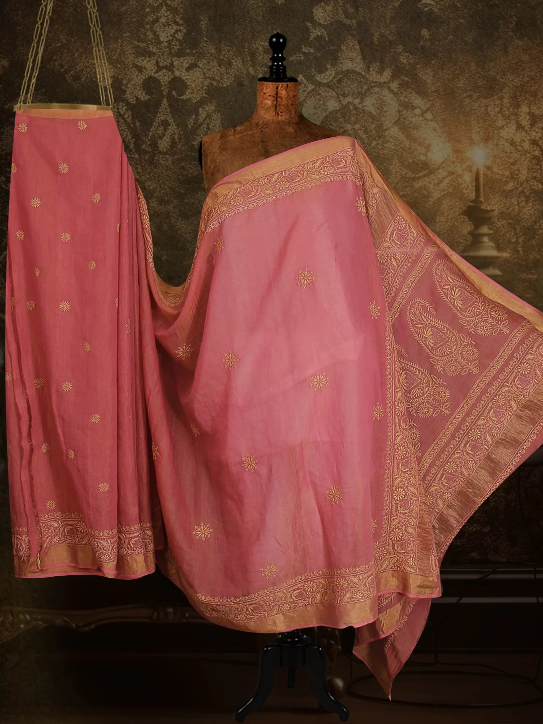 Ada Hand Embroidered Onion Pink Tissue Lucknowi Chikankari Saree With Blouse And Zari Work 01A265925